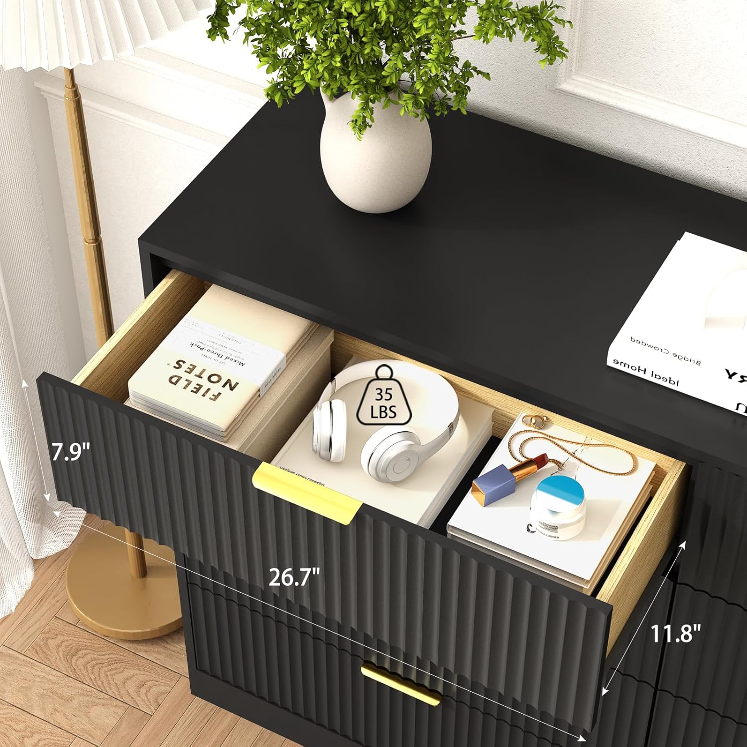 Sscaktu 8 Drawer Dresser for Bedroom, Modern Fluted Double Dresser, 55" Wide Chest of Dressers, Wooden Beside Table for Closet, Living Room and Entryway, Black