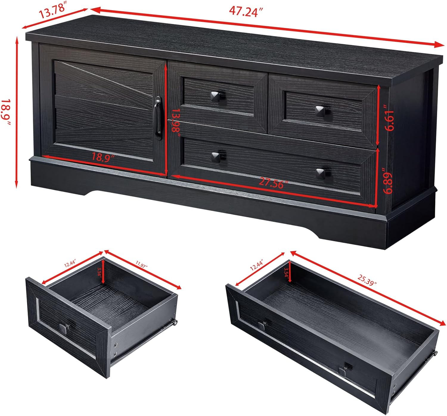 LIDYUK 3 Drawer Black Dresser for Bedroom Farmhouse Dresser Chest of Drawers, 48" End of Bed Storage Bench Wide Chest of Drawers for Bedroom, Living Room