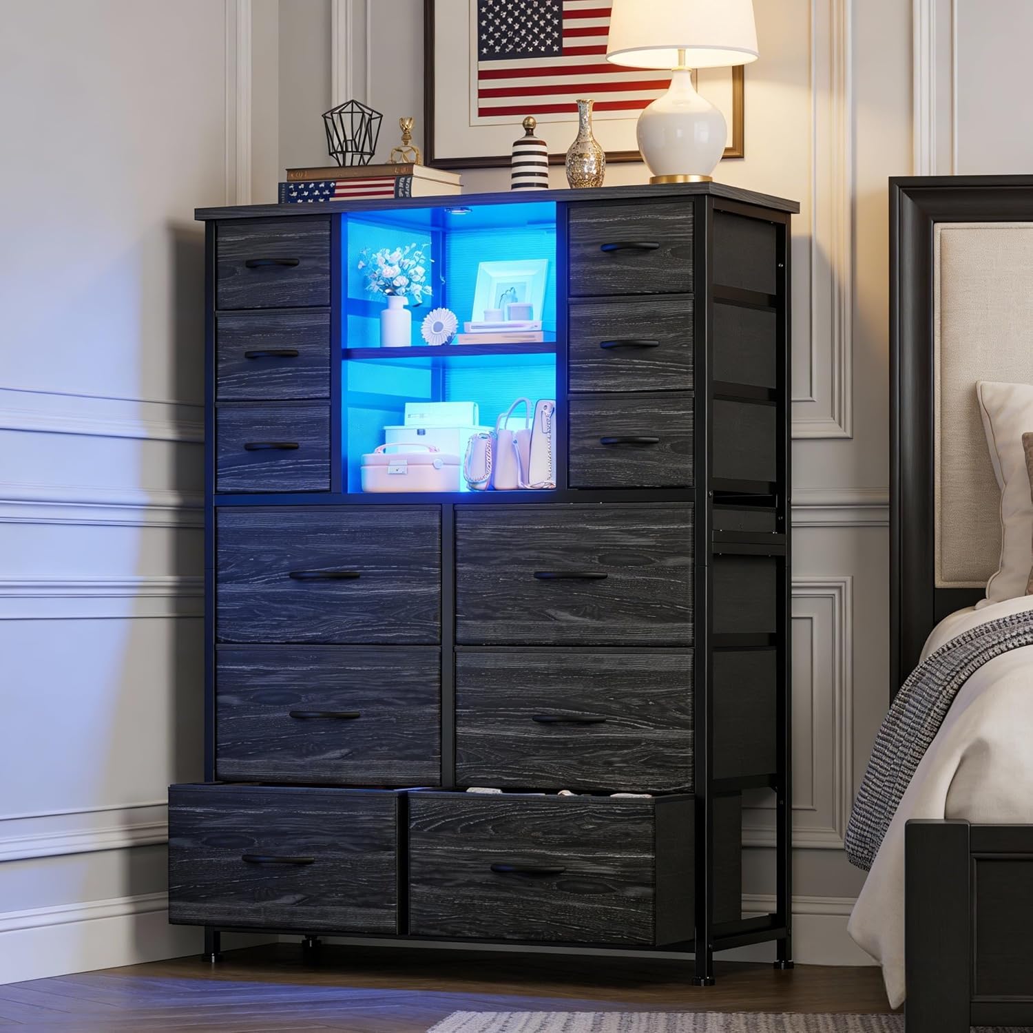EnHomee Dresser for Bedroom with Charging Station & LED Light, Large Dresser for Hallway, Living Room, Entryway, Metal Frame, Black Dressers & Chest of Drawers, 50.6" H x 37.8" W x 11.8" D