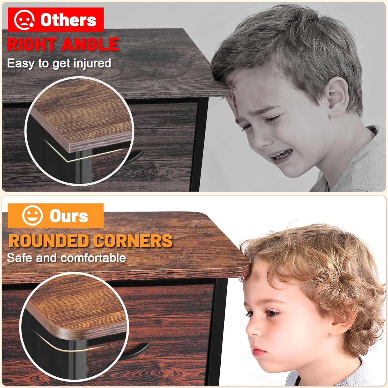 Sonharlar Curved Profile Dresser for Bedroom, Chest of Drawers, 5 Storage Drawers Organizer Unit, Brown Dresser with Fabric Bins for Closet, Living Room, Kid Room (Rustic Brown)