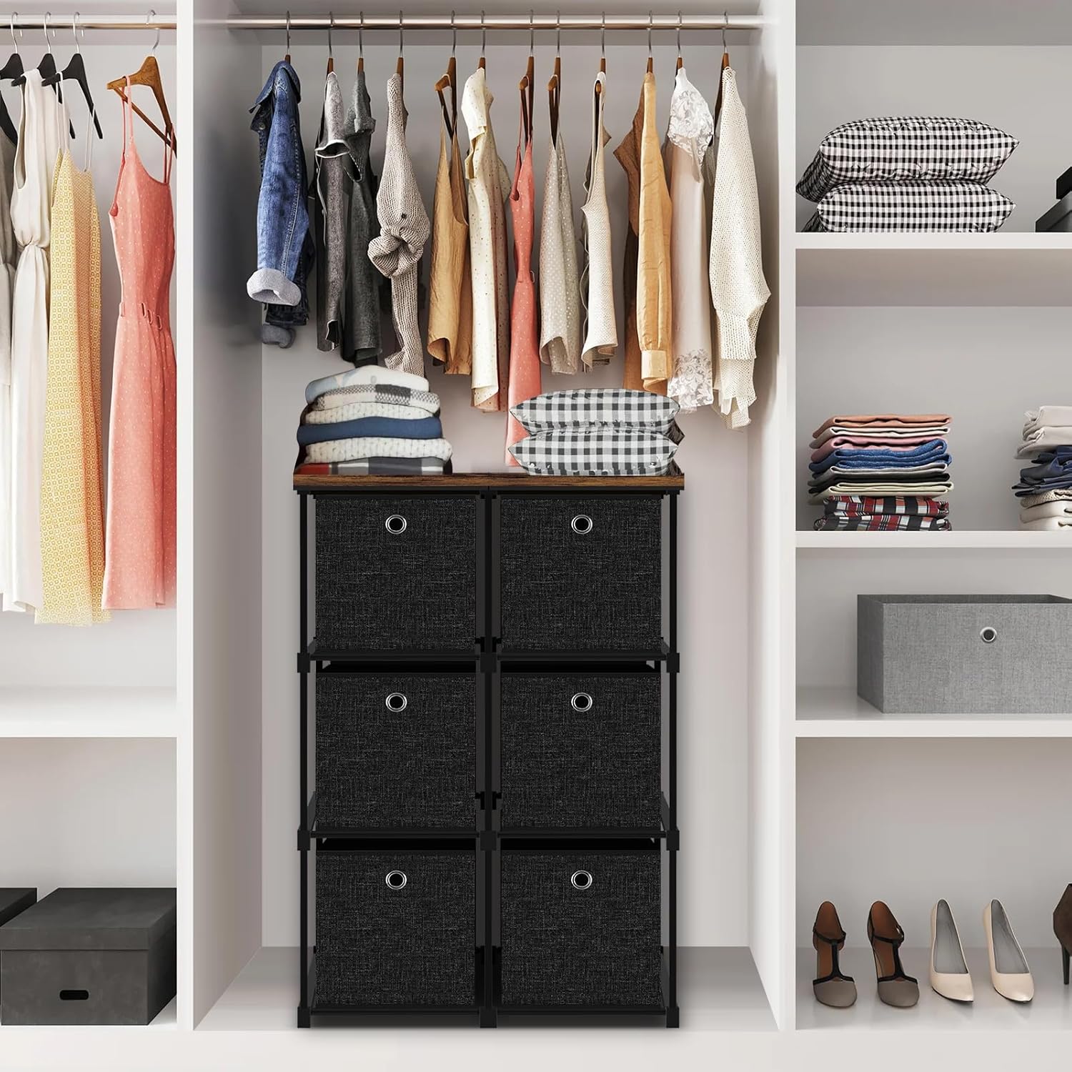 VASICAR Small Fabric Dresser with 6 Drawers, Tall Cube Organizer for Closet, Storage Drawer Unit Chest of Drawers for Bedroom, Living Room, Hallway, Dorm, Black