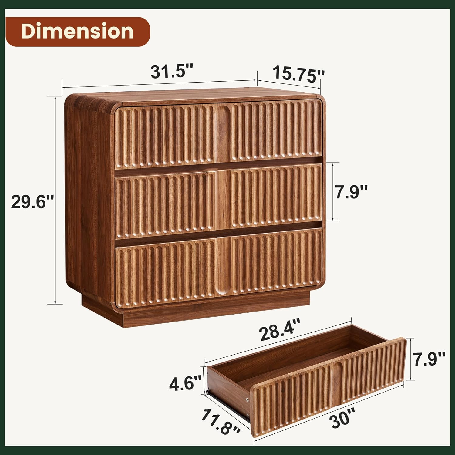 Turtle&Myrtle Fluted 3 Drawer Dressers for Bedroom, 31.5" Wide Large Mid Century Modern Nightstand W/3 Storage Drawers, Wood Dresser & Chest of Drawers with Curved Profile for Living Room (Walnut)