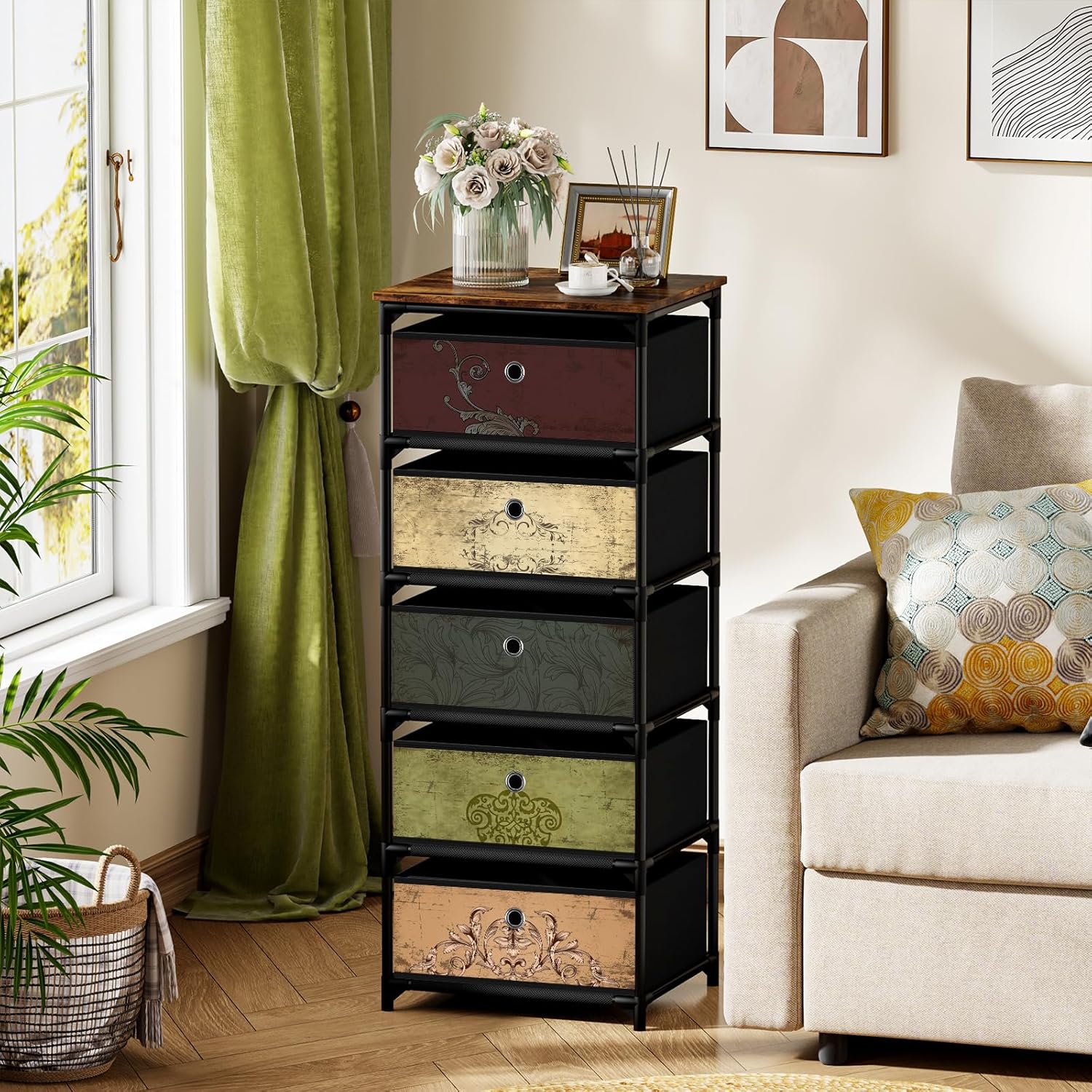 VASICAR Storage Unit with 5 Drawers, Fabric Nightstand, Clothes Organizer, Craft Storage Chest, Small Pattern Dresser for Bedroom, Living Room, Closet, Entryway, Hallway, Nursery, Dorm-Wood Top