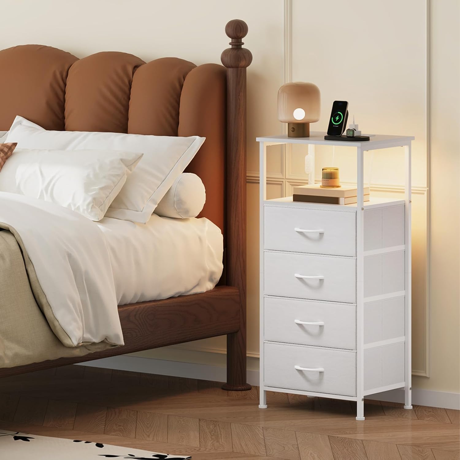 Somdot White Nightstand with Charging Station and LED Light for Bedroom, Tall 4 Drawers Dresser with Fabric Bins for Bedside Kids Dorm Room Closet Laundry Entryway, White Leather