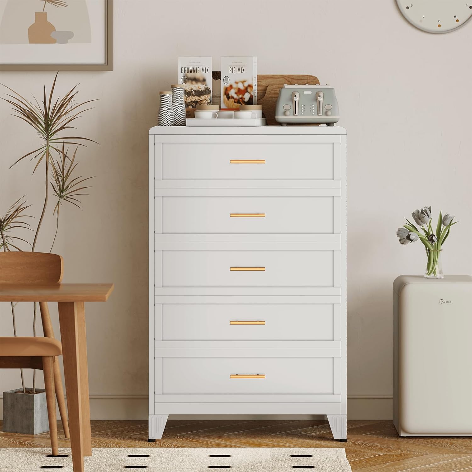 KAIFAM 5 Drawer Dresser, Metal Tall Dresser for Bedroom, White Bedroom Dressers with Drawers, Curved Corner Design Dressers & Chest of Drawers, Storage Cabinet for Hallway, Entryway (White)