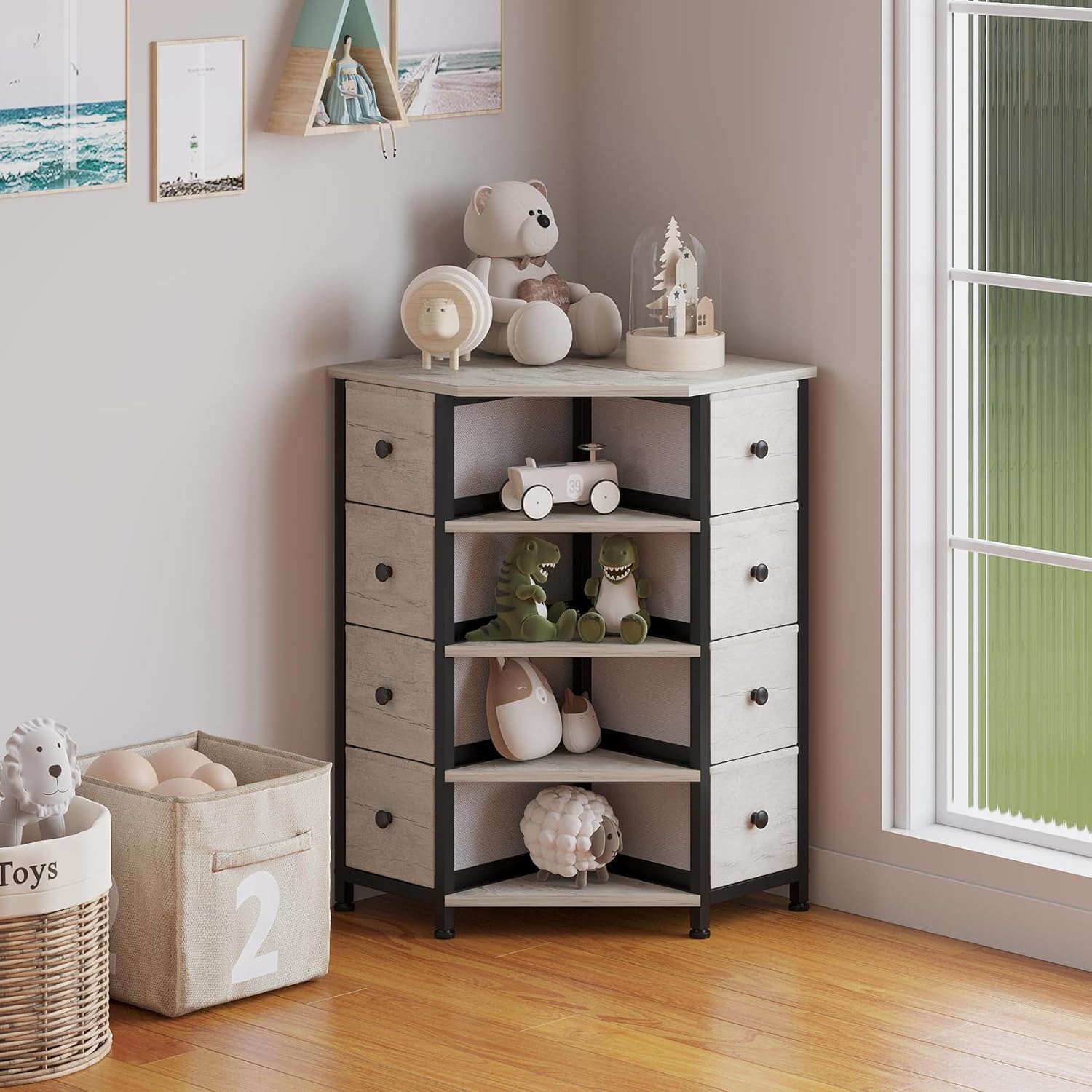 LUMTOK 8 Drawers Corner Dresser with Storage Fabric Drawers and Open Shelves for Small Space，Bedroom，Entryway，Living Room (Greige)