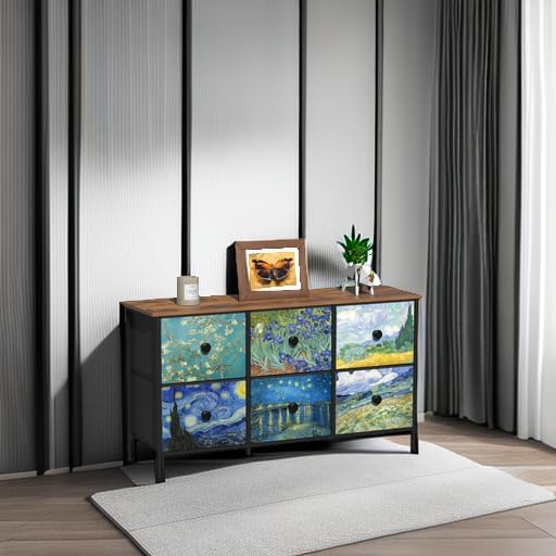 EXOTICA 6 Drawer Dresser for Bedroom Van Gogh Chest of Drawers Wide TV Stands Fabric Storage Drawer Unit for Living Room Entryway Closet Sturdy Steel Frame Wood Top