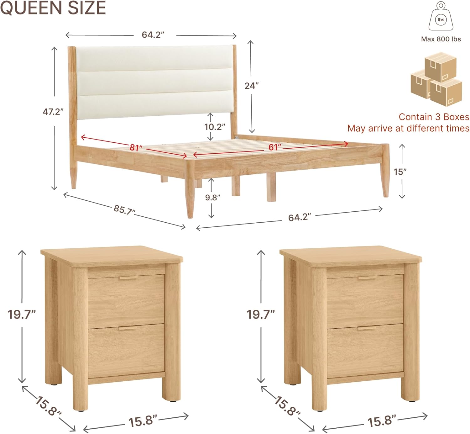 KISLOT 3 Pieces Bedroom Set, Wood Bed Frame with Upholstered Headboard & 2 Nightstands with Storage, Wooden Platform Mattress Foundation Farmhouse Bedroom Furniture Set