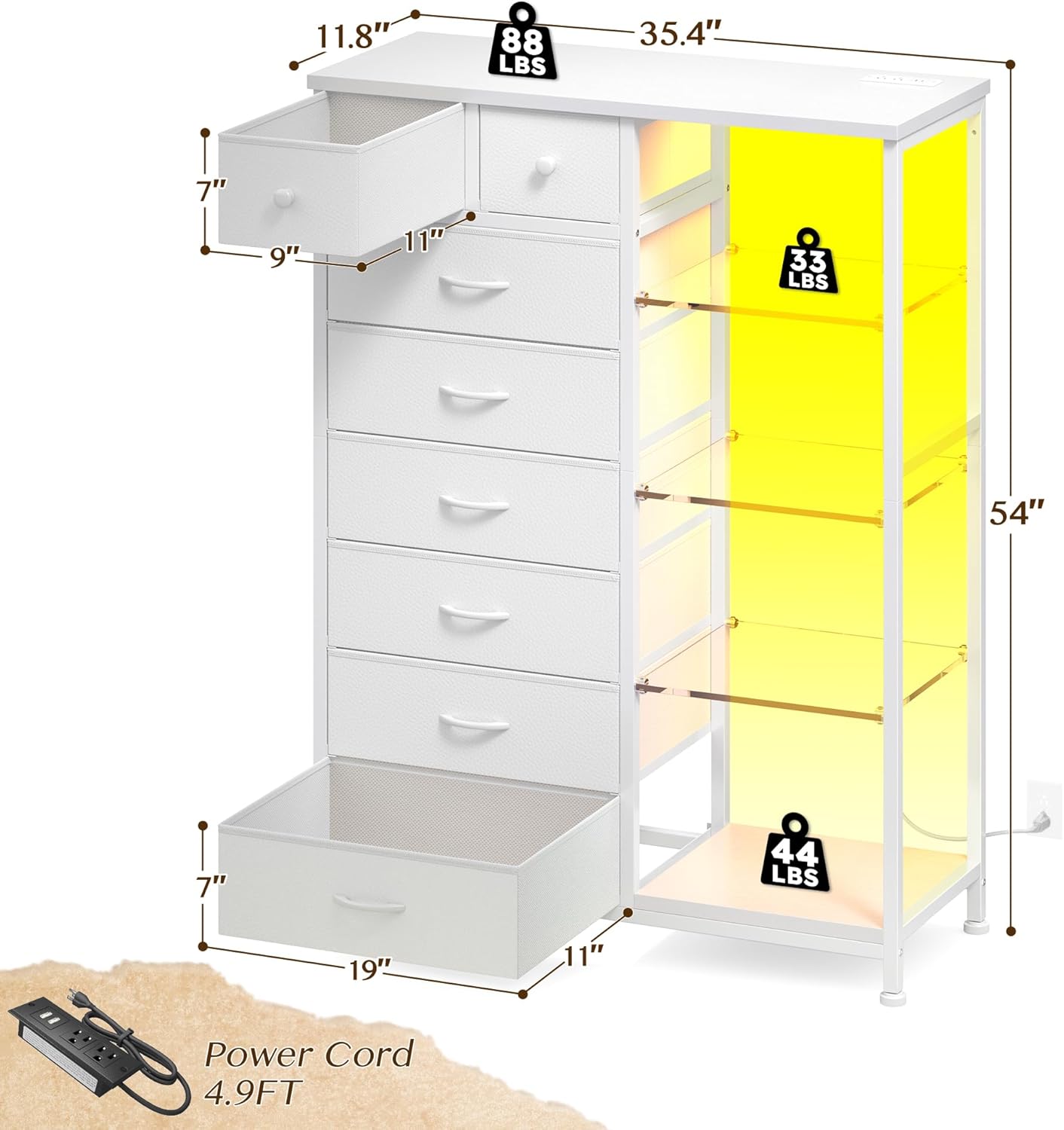 EnHomee 54" H Dresser for Bedroom with LED Lights & Power Outlets Dresser with 8 Drawers Fabric Dressers & Chests of Drawers, Shelves for Bedroom, Sturdy Metal Frame, Acrylic Plates (White)
