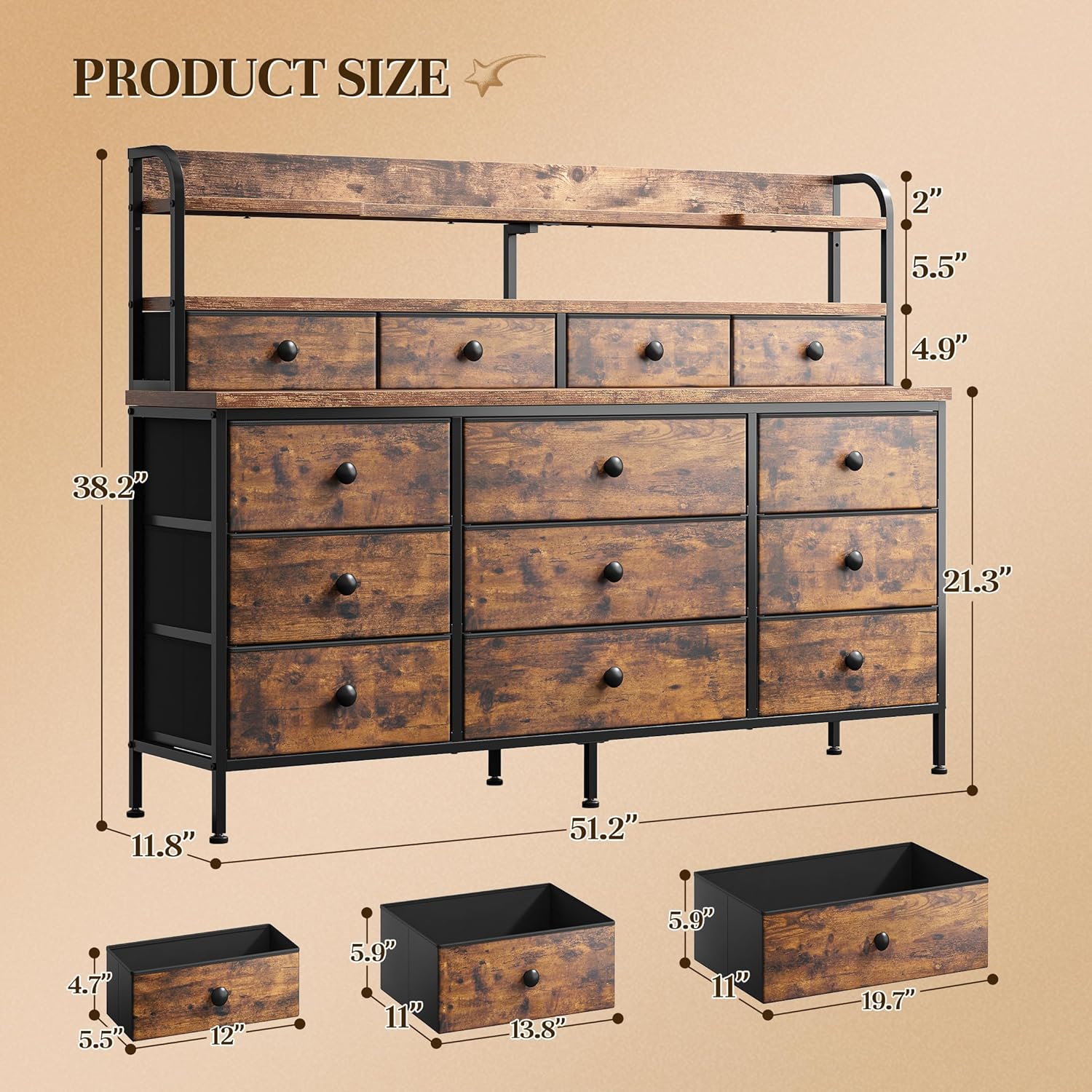 EnHomee 51.2" W Dresser for Bedroom with LED Lights & 13 Drawers, Long Dressers & Chests of Drawers with Shelves, Large Fabric Dresser for Hallway,Entryway,11.8" D x 51.2" W x 38.2" H, Rustic Brown