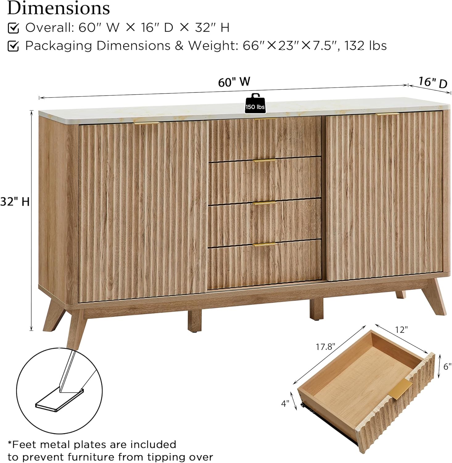 T4TREAM 60" Fluted Dresser with Sliding Doors and 4 Drawers, Modern Chest w/Faux Marble Top, Curved Profile Design, Dresser TV Stand, Wood Drawer Organizer for Bedroom, Living Room, Natural Oak