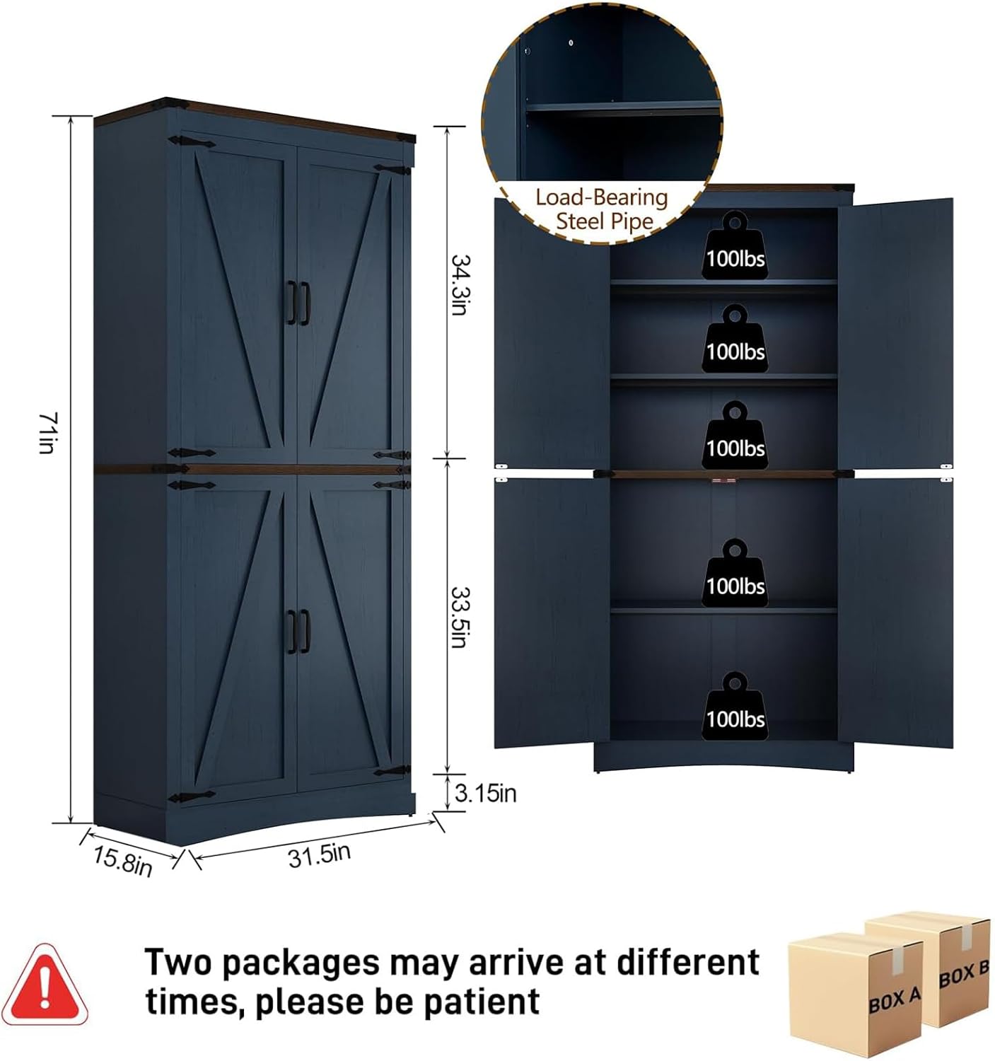Hlivelood 71" Tall Kitchen Pantry,Farmhouse Storage Cabinet with Adjustable Shelves,Load-Bearing Steel Pipe,Farmhouse Pantry Cabinet with 4 Barn Doors,for Kitchen,Dining Room,Living Room(Blue)