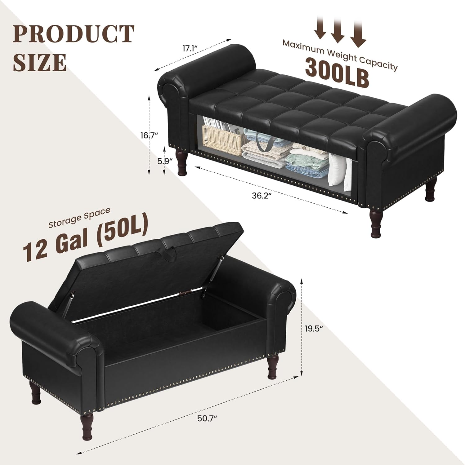 YOUDENOVA 51u201D Storage Bench with Rolled Arms, Upholstered Bed Bench with Vintage Rivets, PU Leather Bench for Bedroom End of Bed, Living Room, Entryway, Black