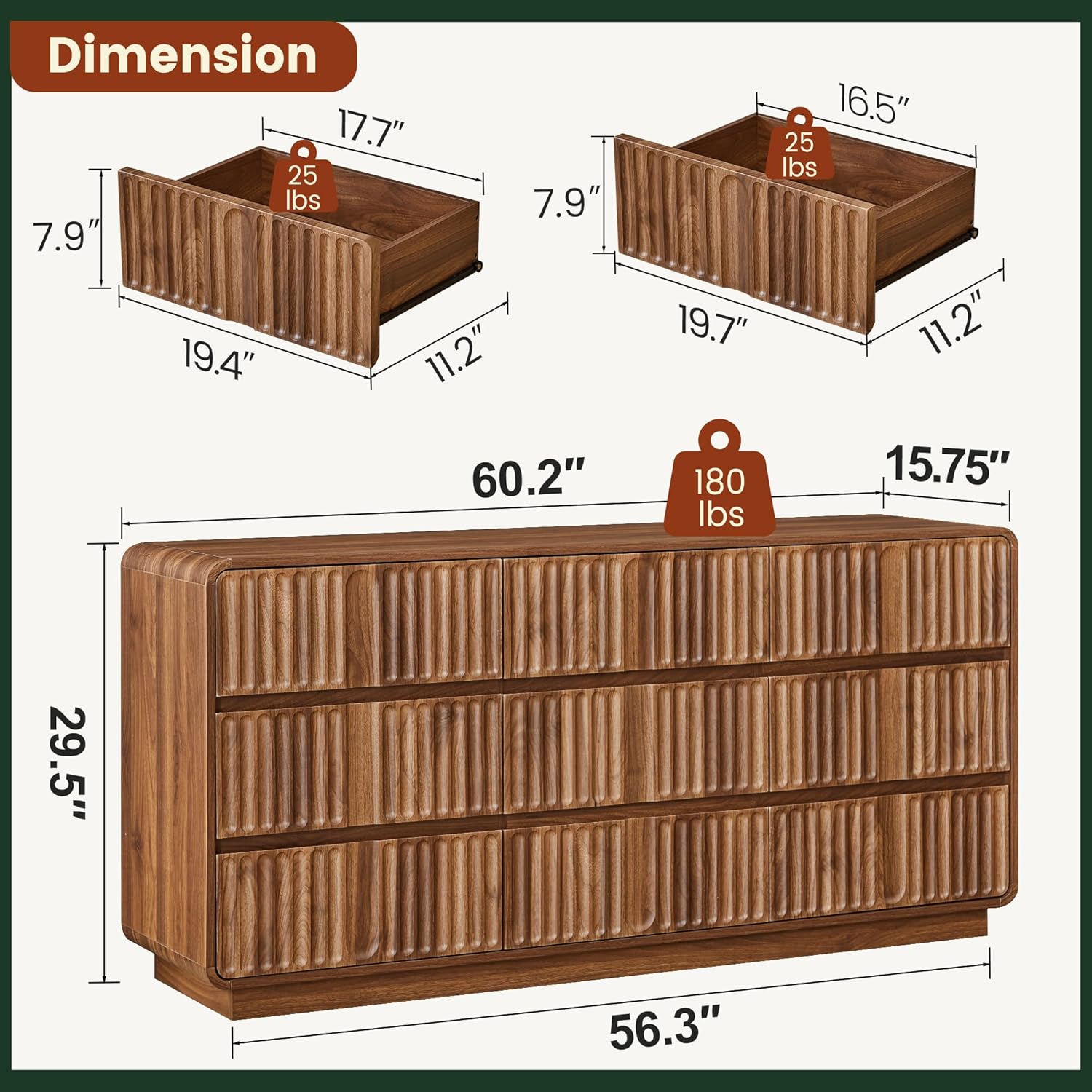 Fluted 9 Drawer Dresser for Bedroom, 60" Wide Modern Chest of Storage Drawers, Wood Dresser & Chest of Drawers with Curved Corners, Dressers TV Stand for Living Room (60" Walnut 9 Drawer)