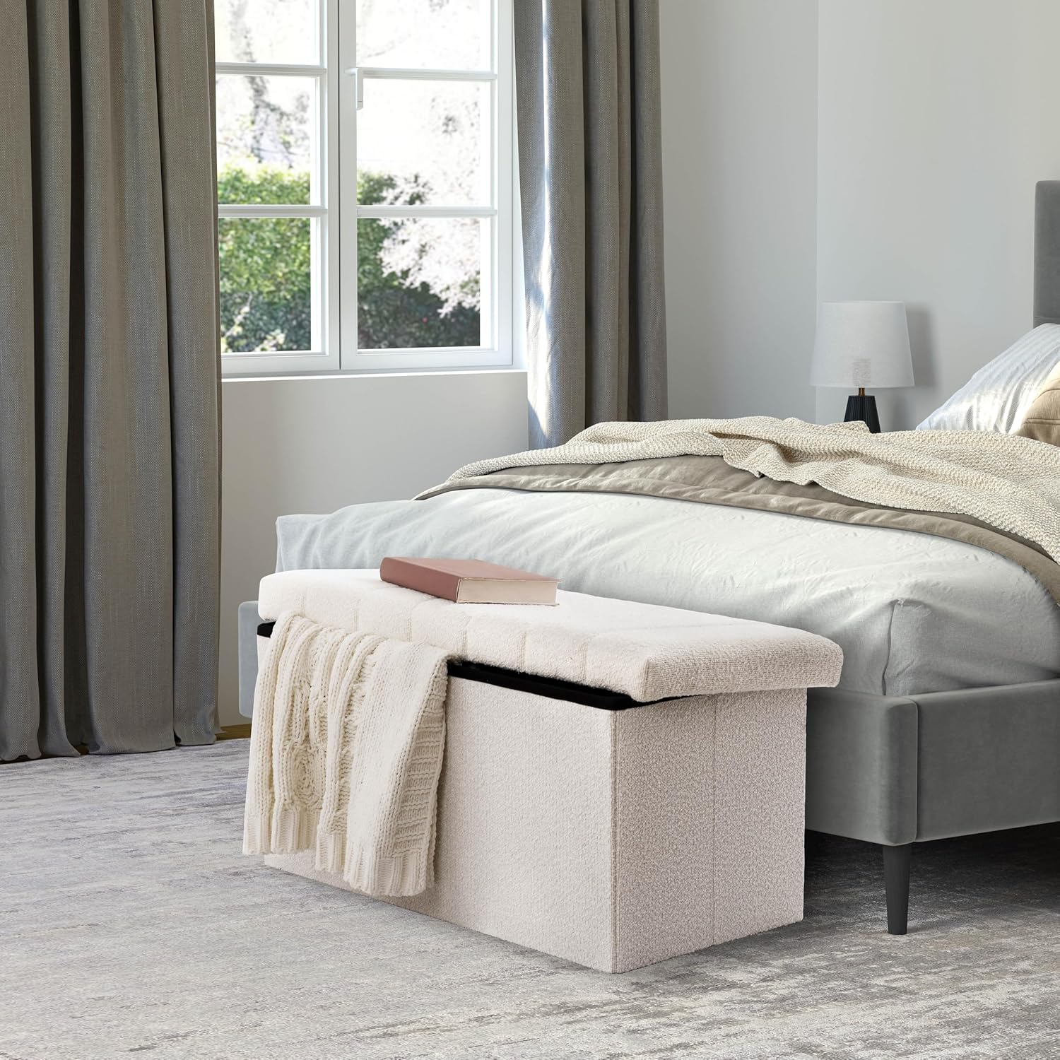 Seville Classics Cushioned Fabric Ottoman Hidden Storage Chest Footrest Chair, Padded Seat for Bedroom, Dorm, Loft, Living Room, Entryway, Hallway, White Boucle, 30" Bench