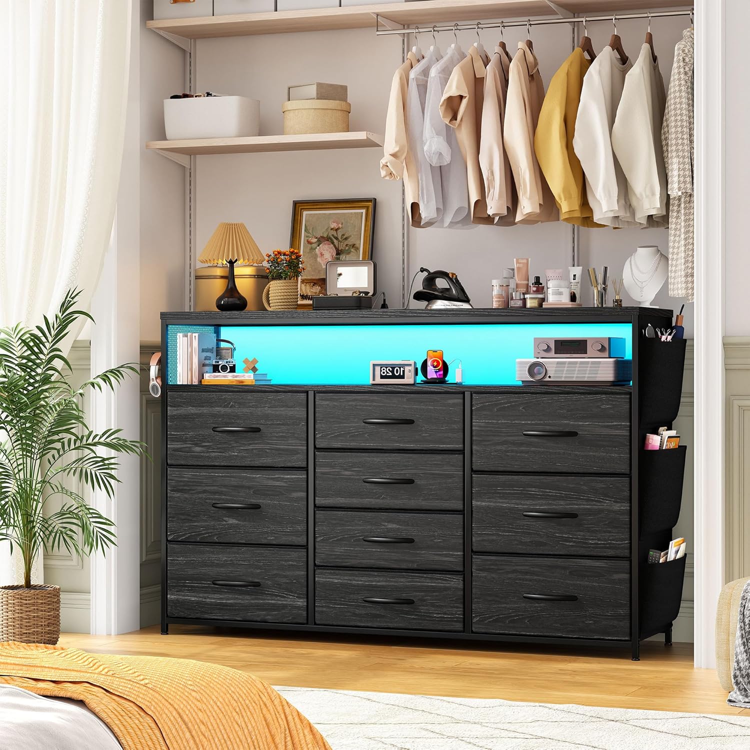 EnHomee 55" Dresser & TV Stand with 10 Fabric Drawers, Wooden Open Shelves, Power Outlets & LED Lights, Multi-Functional Storage Unit for Bedroom, Closet, Black