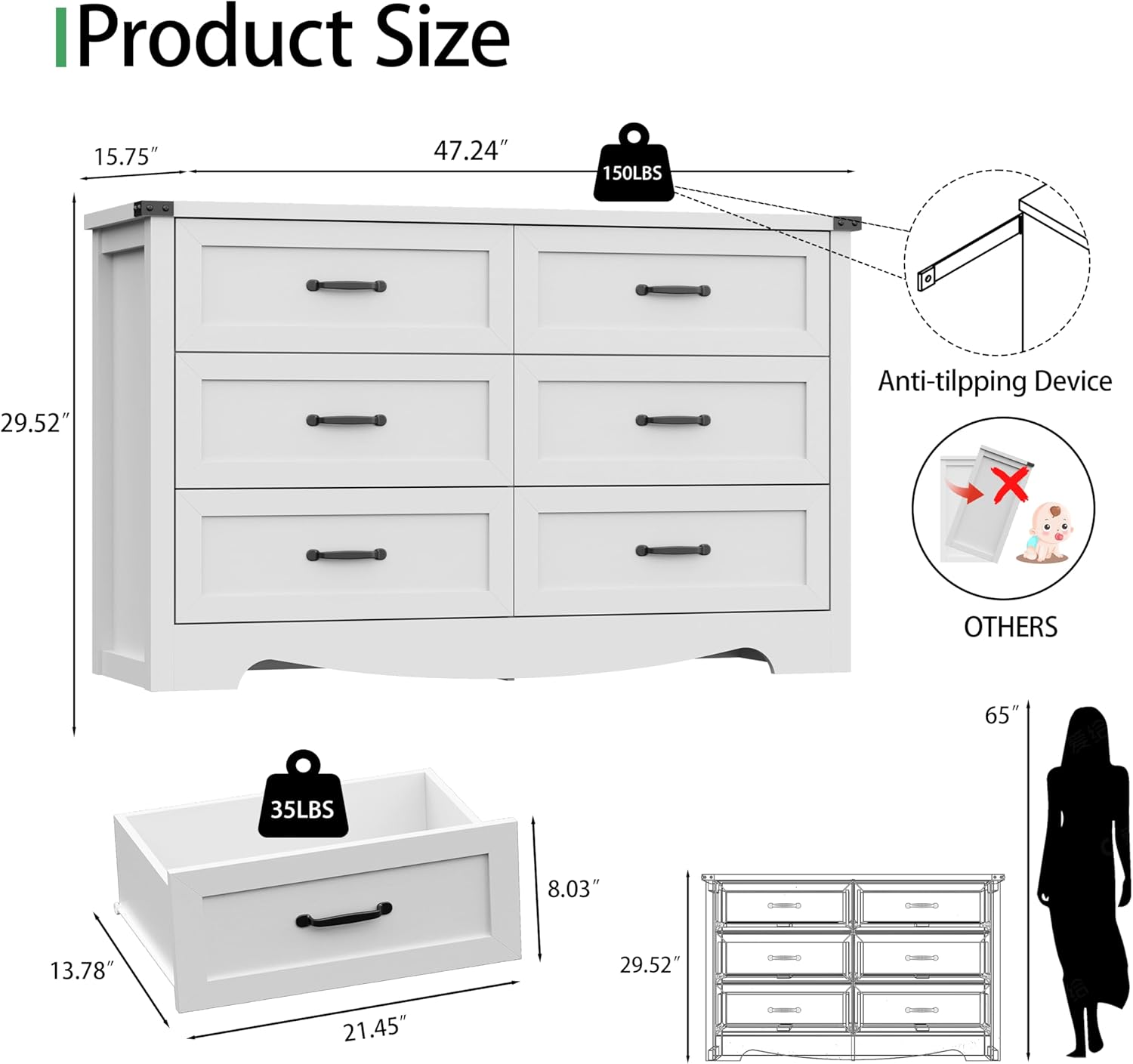 Dresser for Bedroom with 6 Drawers, 48" Wide Modern Chest of Drawers with Deep Drawers & Mental Handle, Wood Dresser TV Stand, Wooden Closet Storage Organizer for Living Room, Hallway, Entryway, White