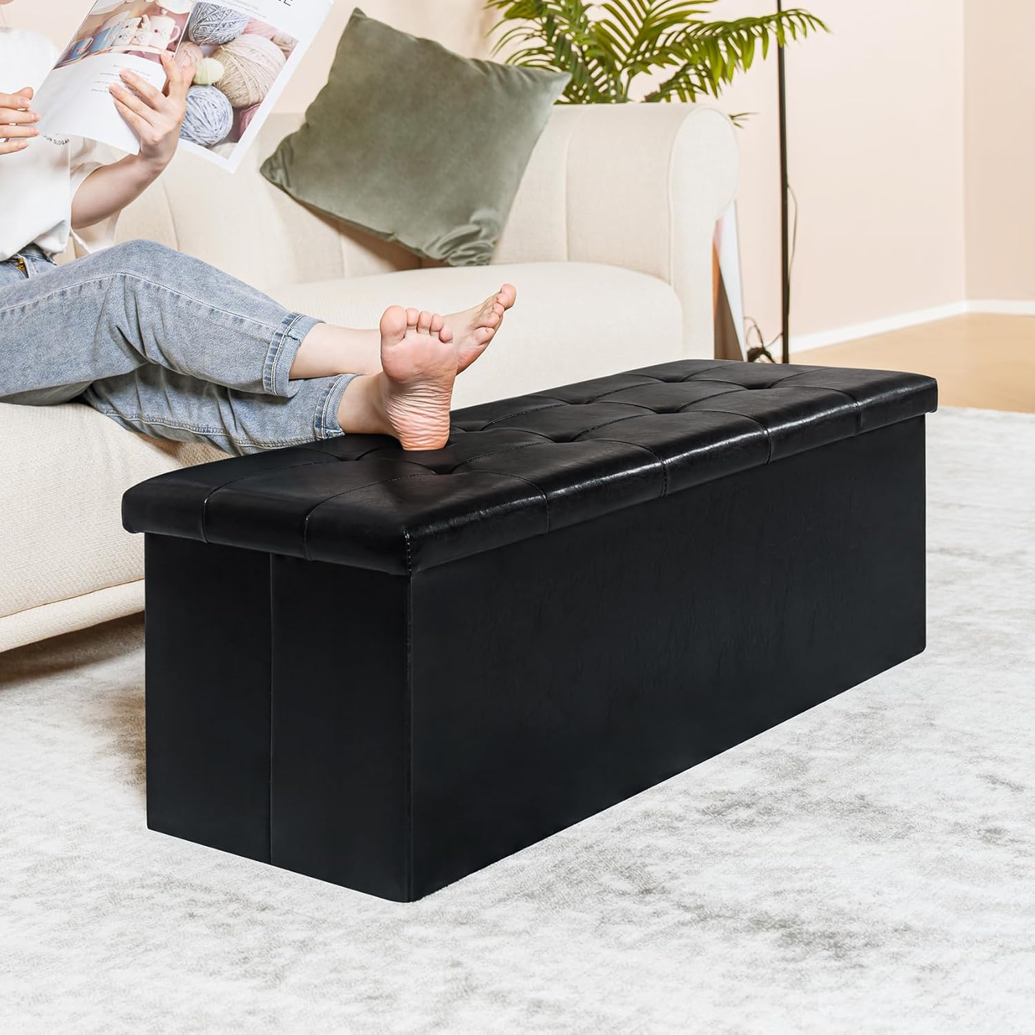 PINPLUS Folding Storage Ottoman Bench, Black Faux Leather Long Chest with Tray, Footrest Seat, Blanket Storage for Living Room Bedroom Office Hallway, 43.3"x15"x15"