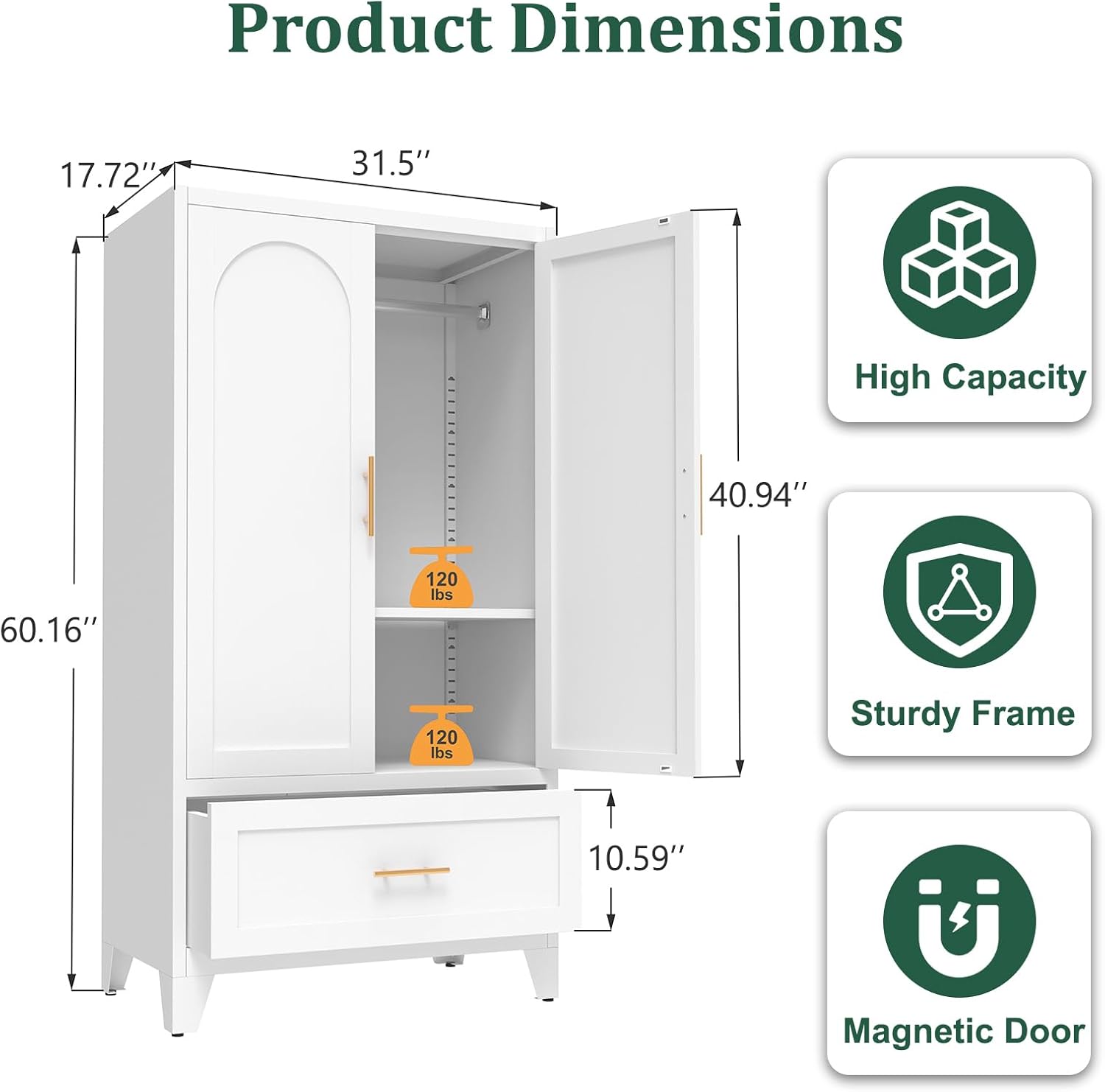 Anewome 60" Metal Armoire Wardrobe Closet with 1 Drawer, Freestanding Arched 2-Door Tall Clothing Storage with Adjustable Shelves and Hanging Rod for Bedroom Dorm, White