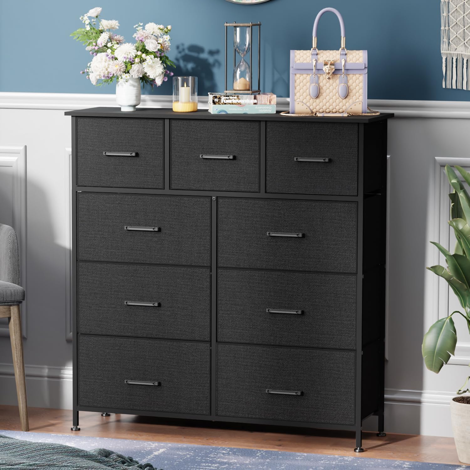 PayLessHere Fabric Dresser,Wide Chest of Drawers Storage Unit with Metal Frame and Wood Top,Organizer for Bedroom,Living Room,Entryway (9-Drawer, Black)