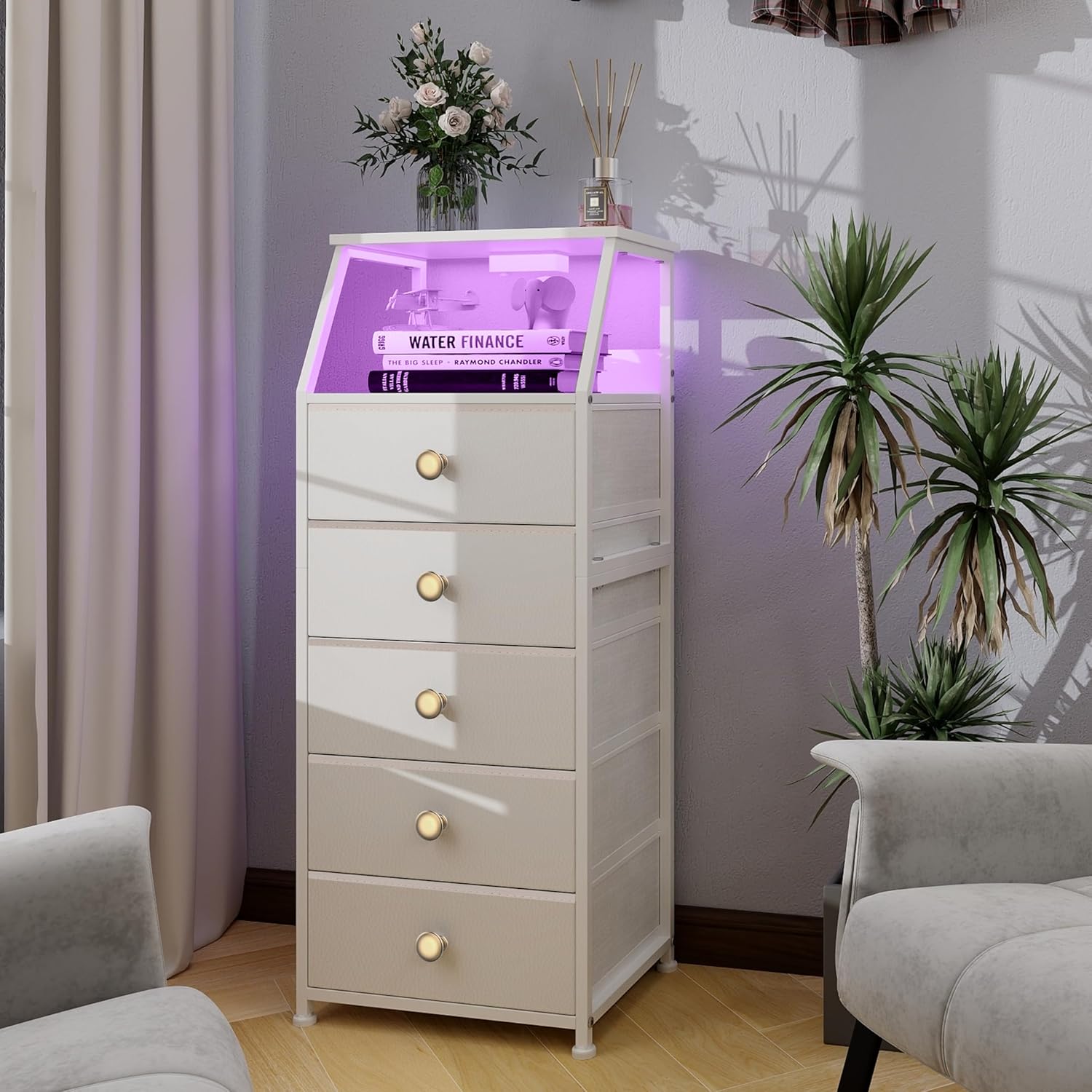 Tohomeor Dresser with Fabric Drawers Nightstand with 2 Tier Shelf Storage Tower for Bedroom Hallway Entryway Closet Organizer Sofa Beside Table Furniture (White, 5 Drawers)