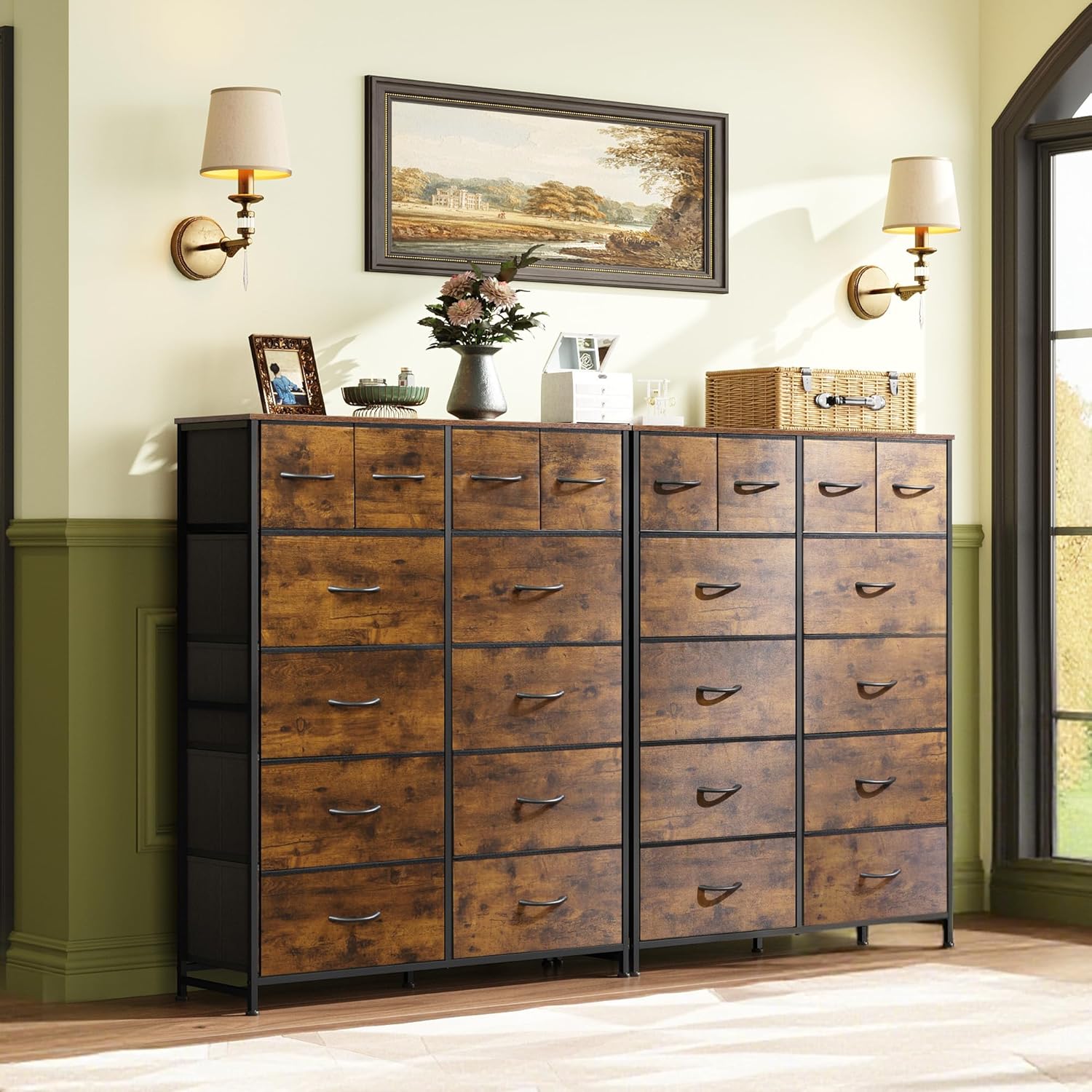 GALAXHERO Tall Console Table with 12 Fabric Drawers, Tall Storage Organizer with Wood Top, Entryway Table with Storage, Steel Frame for Living Room, Hallway, Office, Rustic Brown