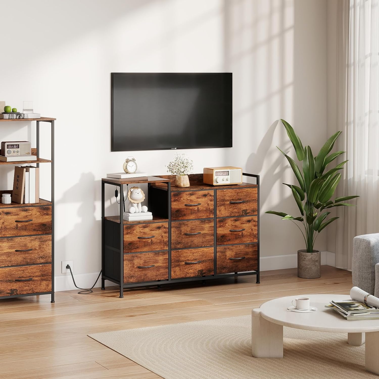 Somdot Dresser with Charging Station and Open Shelves,Dresser for Bedroom with 8 Drawers,Storage Cabinets Organization Units for Living Room,Hallway, Sturdy Metal Frame,Wood Top,Wood Grain Print