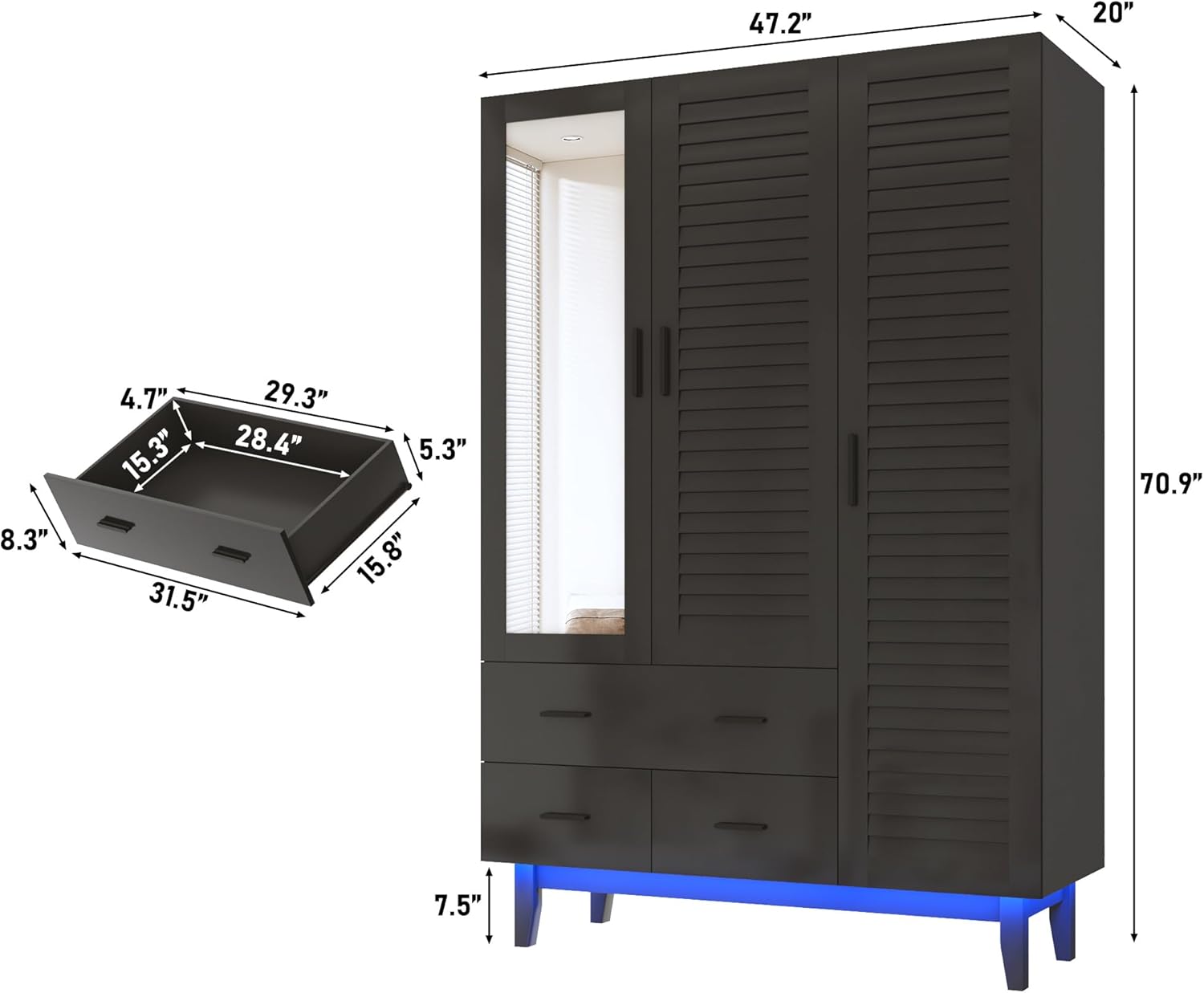 Hlivelood 3 Door Armoire Wardrobe Closet Cabinet with Drawers and LED Lights, Multi-Tier Shelves, Hanging Rod & 3 Louver Doors, Large Capacity Storage Wardrobe Armoire for Bedroom, Black