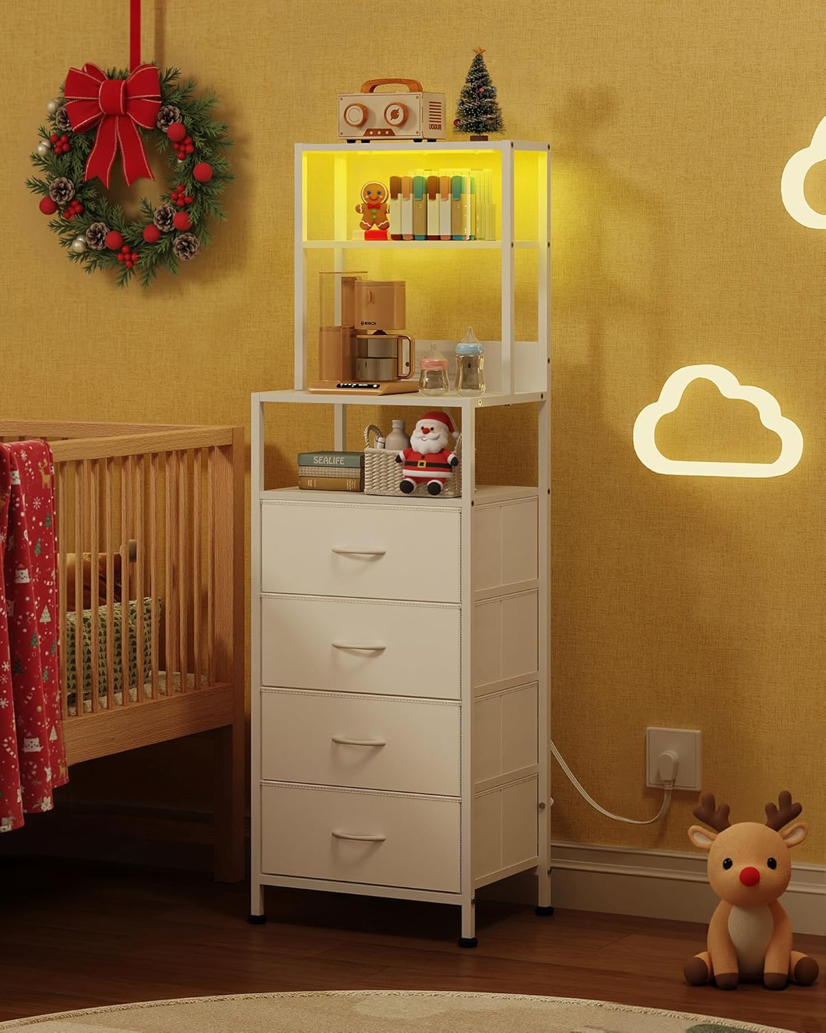 WLIVE Tall Nightstand with Charging Station, LED Night Stand with 4 Drawers and Storage Open Shelves, Fabric Dresser for Bedroom, Living Room, Office, White