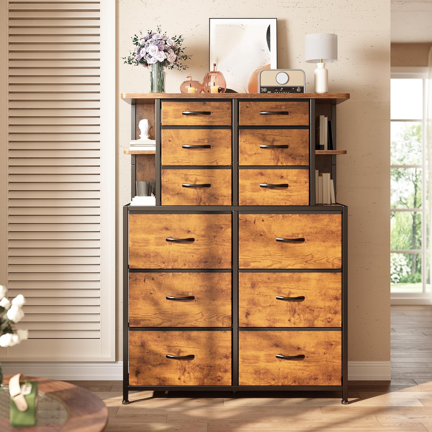 EnHomee Dresser with 12 Drawers & LED Lights, Dresser for Bedroom with 4 Open Storage Shelves, Fabric Dressers & Chests of Drawers, Metal Frame, Wood Top,45.2" H x 35.4" W x 11.8" D, Rustic Brown