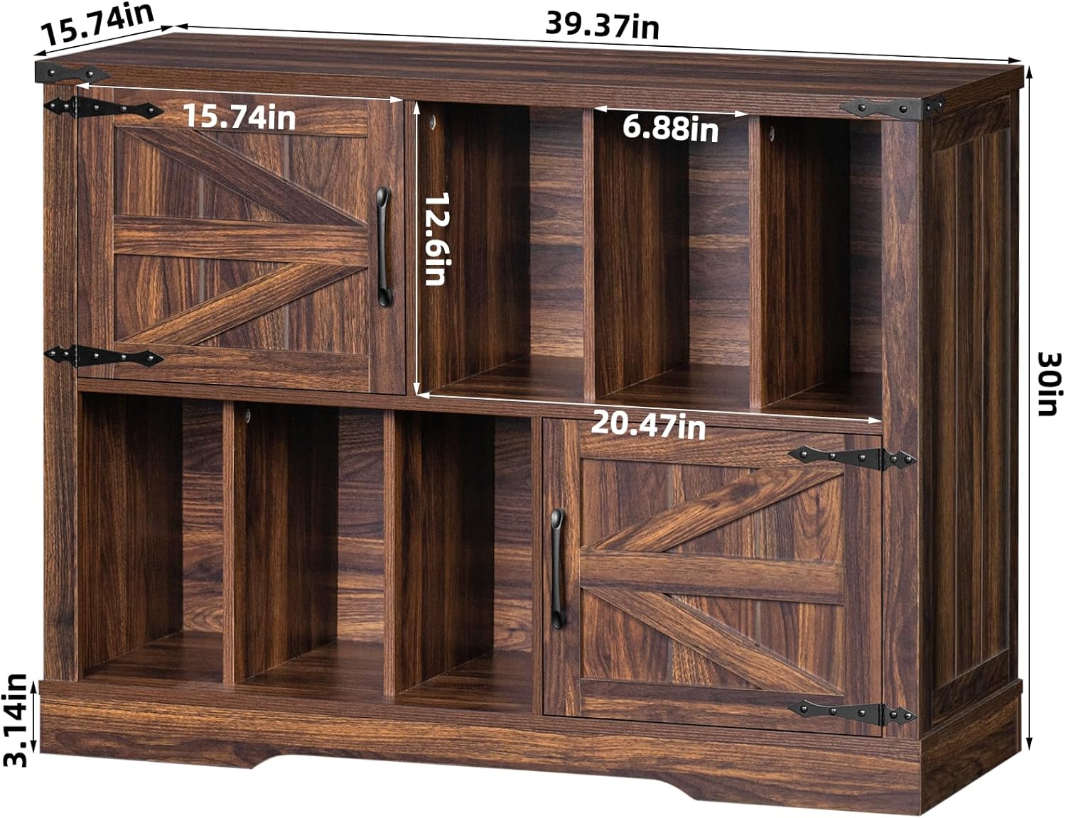 Joaxswe Large Record Player Stand with Vinyl Storage Up to 450 Albums, 39 Inch Farmhouse Brown Walnut Storage Cabinet with Barn Doors, Wood Vintage Mid-Century Turntable Stand for Bedroom, Living Room