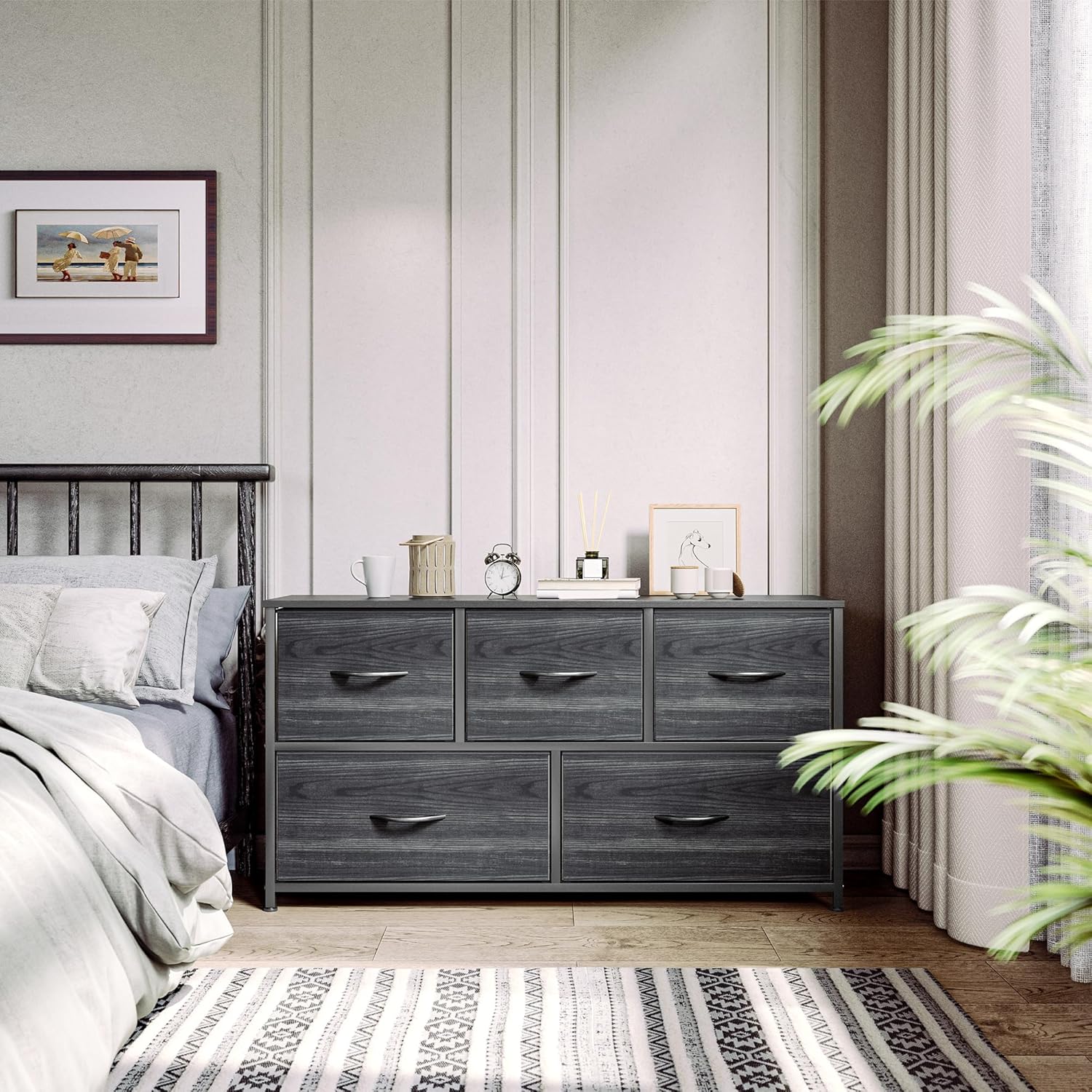 YITAHOME Dresser with 5 Drawers - Fabric Storage Tower, Organizer Unit for Bedroom, Living Room, Closets - Sturdy Steel Frame, Wooden Top (Black Wood Grain)