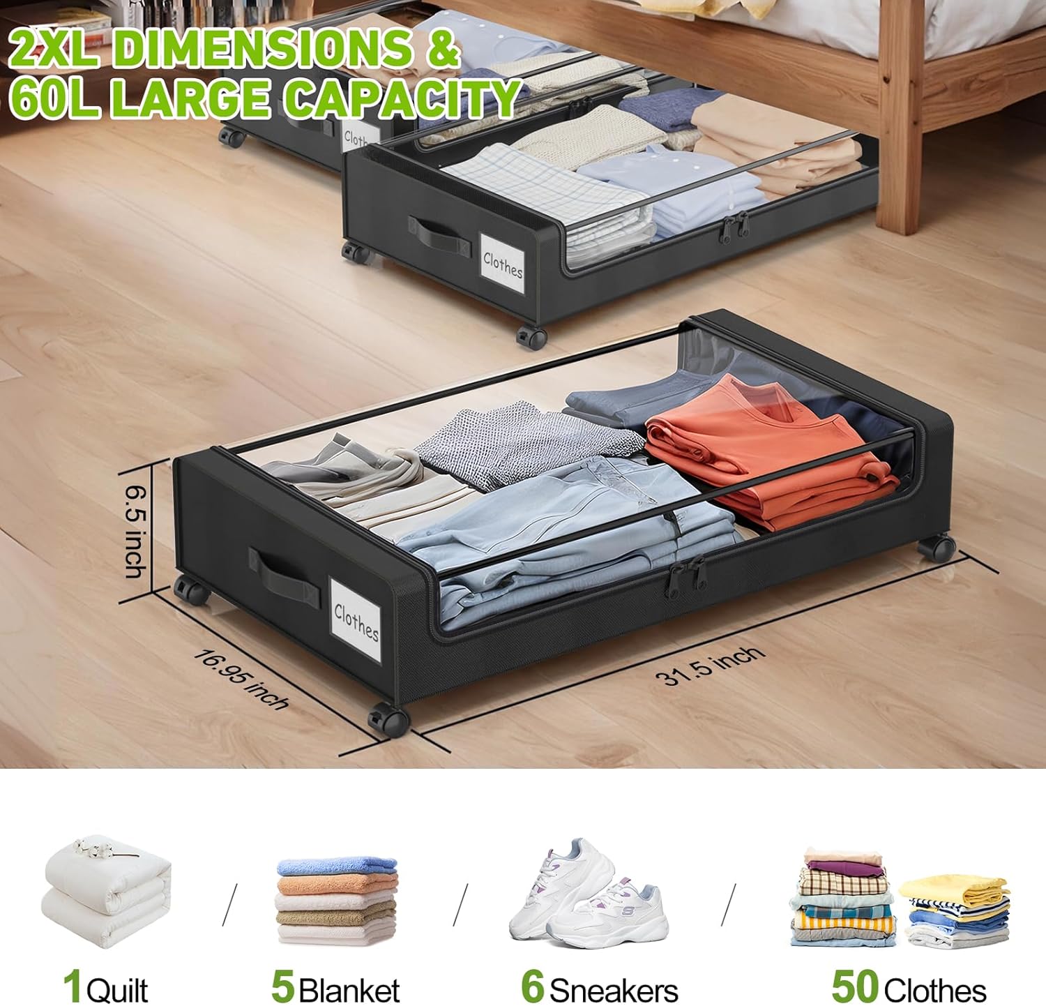 Beborxue Under Bed Storage with Wheels, 2-Pack Under the Bed Storage Containers with Lids, XXL 60L Under Bed Shoes Storage Organizer Bins, Rolling Underbed Storage for Clothes, Shoes, Blankets (Black)