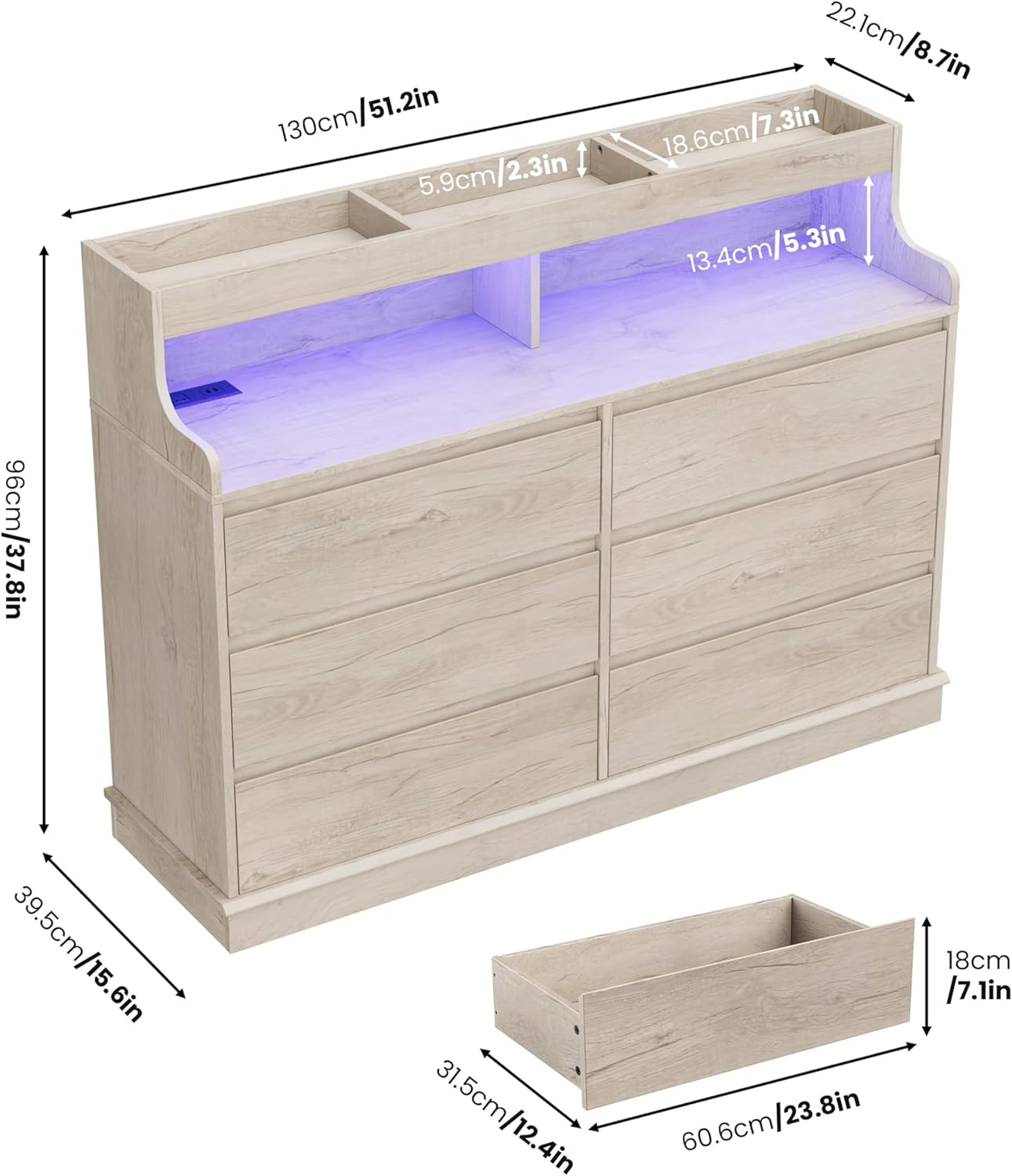 IDEALHOUSE 6 Drawer Dresser for Bedroom with LED Lights and Charging Station, Wooden Chest of Drawers with Spacious Top for Closet, Hallway, Living Room,Storage Furniture, Vintage Cracked Oak