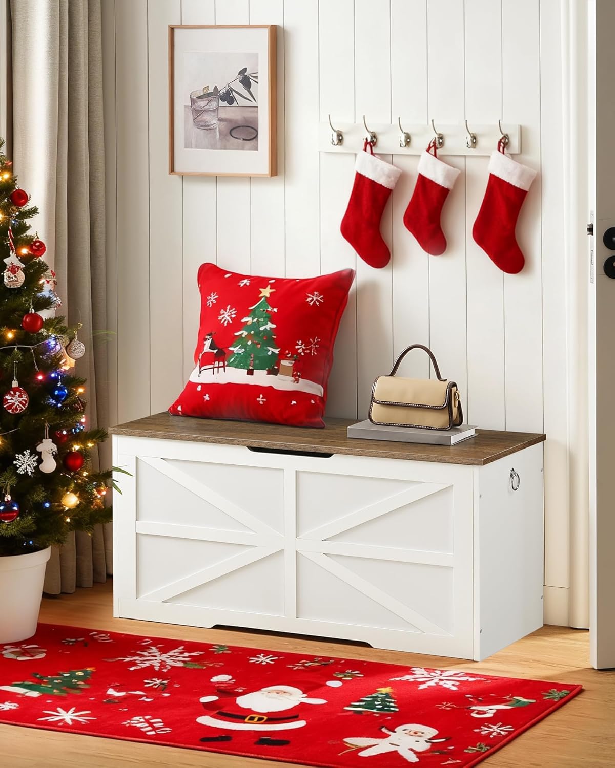 CHOEZON Storage Chest, 39.4" Wooden Storage Trunk, Modern Storage Bench with Safety Hinge, Toy Box, Farmhouse Style, for Bedroom, Living Room, Walnut and White MCW10WL