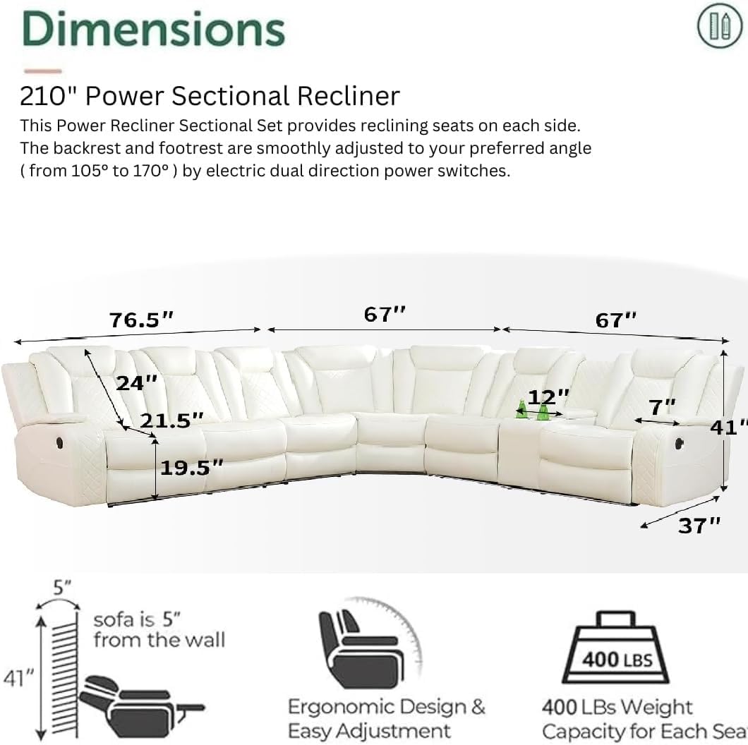 Power Recliner Sofa Sectional Sofa with LED Light for Living Room, Air Leather Reclining Corner Sectional Sofa Set, Cup Holder, Storage Console for Home Theater Seating (Ivory White, Sectional)