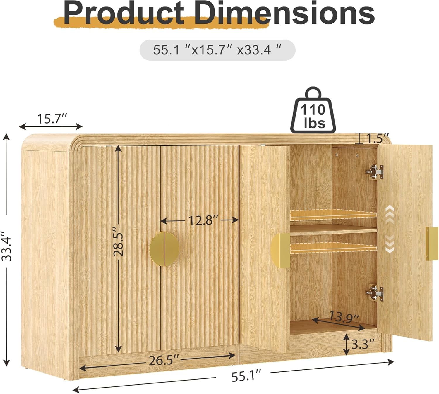 Decofy 55" Buffet Sideboard Cabinet, Mid Century Modern Console Cabinet with Wavy Grain Doors & Adjustable Shelves for Kitchen Cabinets, Living Room, Entryway, Coffee Bar Cabinet (Natural Oak)