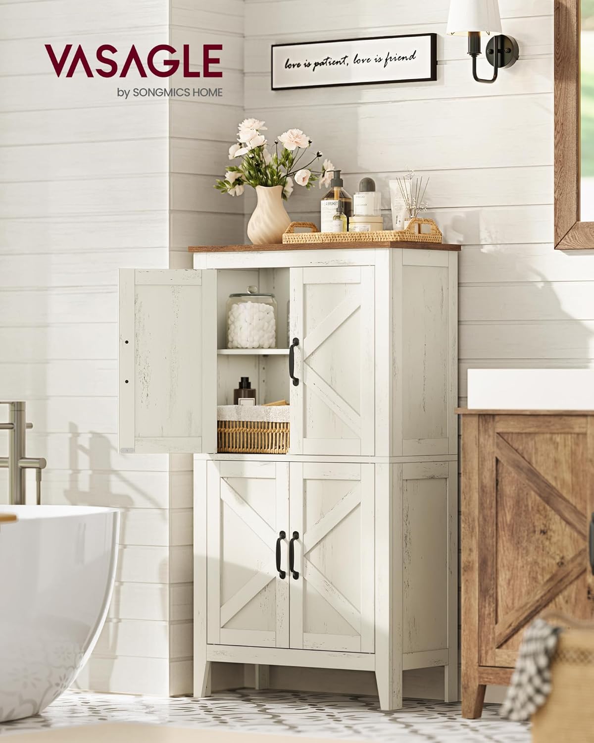 VASAGLE LIRY Collection - Farmhouse Storage Cabinet, Bathroom Floor Cabinet with Barn Doors, Freestanding Kitchen Pantry, Adjustable Shelves, for Dining Room, Living Room, Rustic White, UBBK773W01