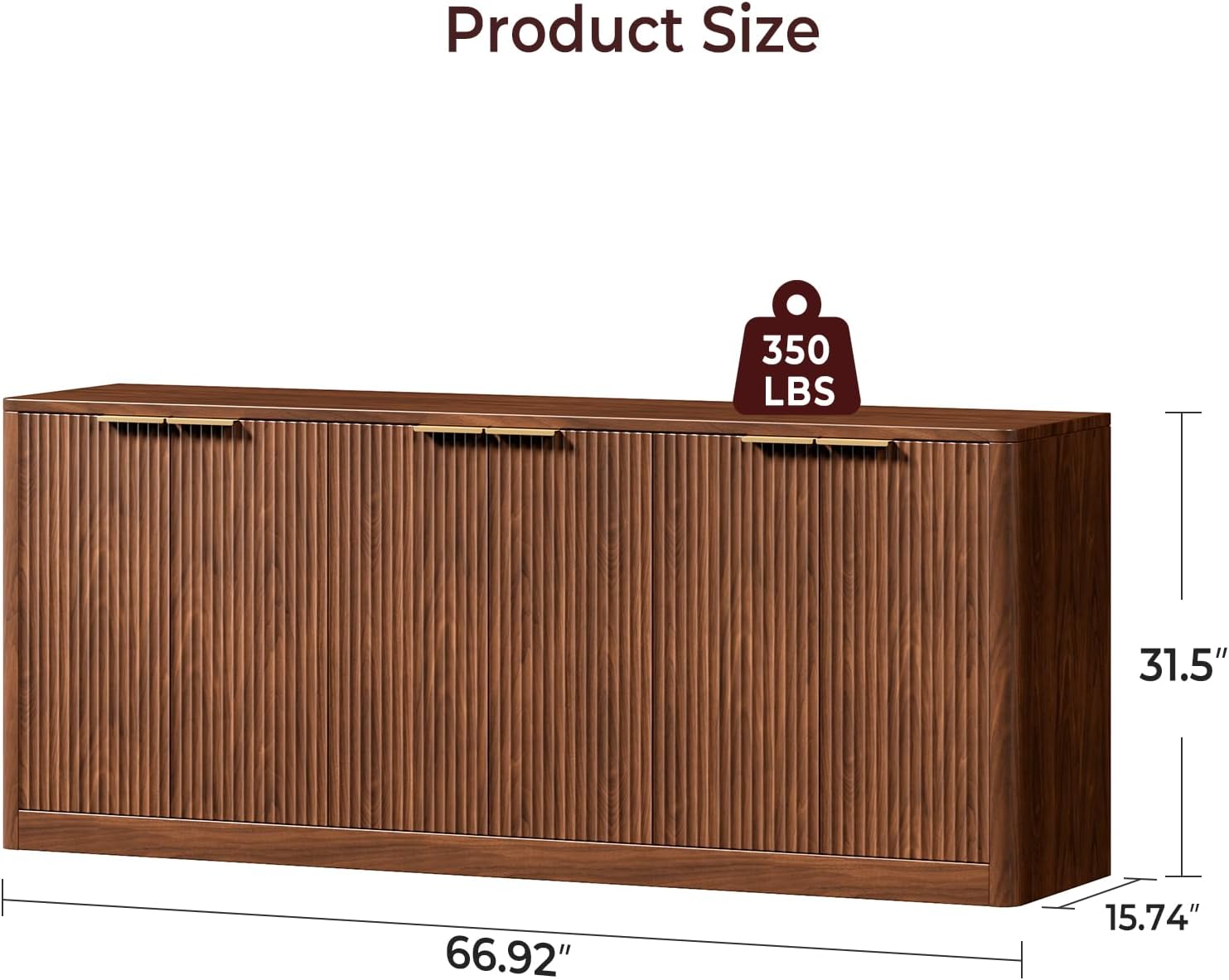 Evermagin 67" Fluted Walnut Buffet Cabinet Sideboard with Storage, Large Credenza with 6 Doors, Wood Mid Century Modern Sideboard for Kitchen and Living Room (67" W*31.5" H*15.7" D)