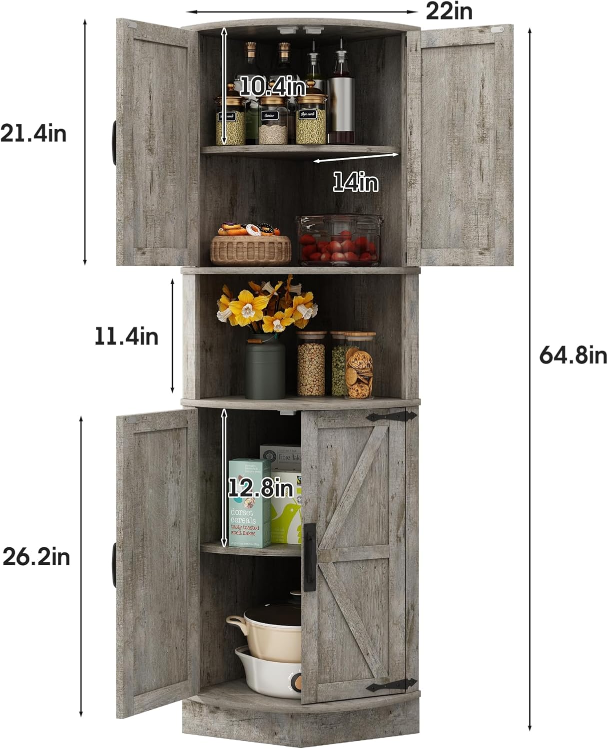 Vabches 64.8" Tall Farmhouse Corner Cabinet with 4 Doors and 5 Storage Shelves, Farmhouse Storage Cabinet with Barn Door Design, Home Space Saver for Living Room, Kitchen, Laundry Room,Grey