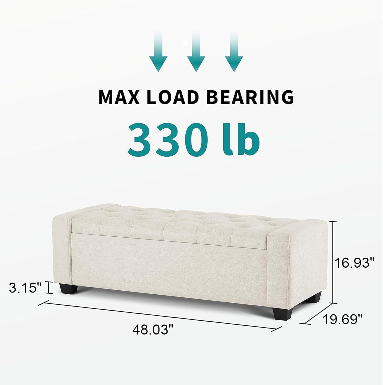 Huatean Home 48" Ottoman with Storage, Storage Ottoman Bench with Safety Hinge, Upholstered Entryway Bench with Seating for Bedroom, Living Room, Holds up to 330 lb, Beige