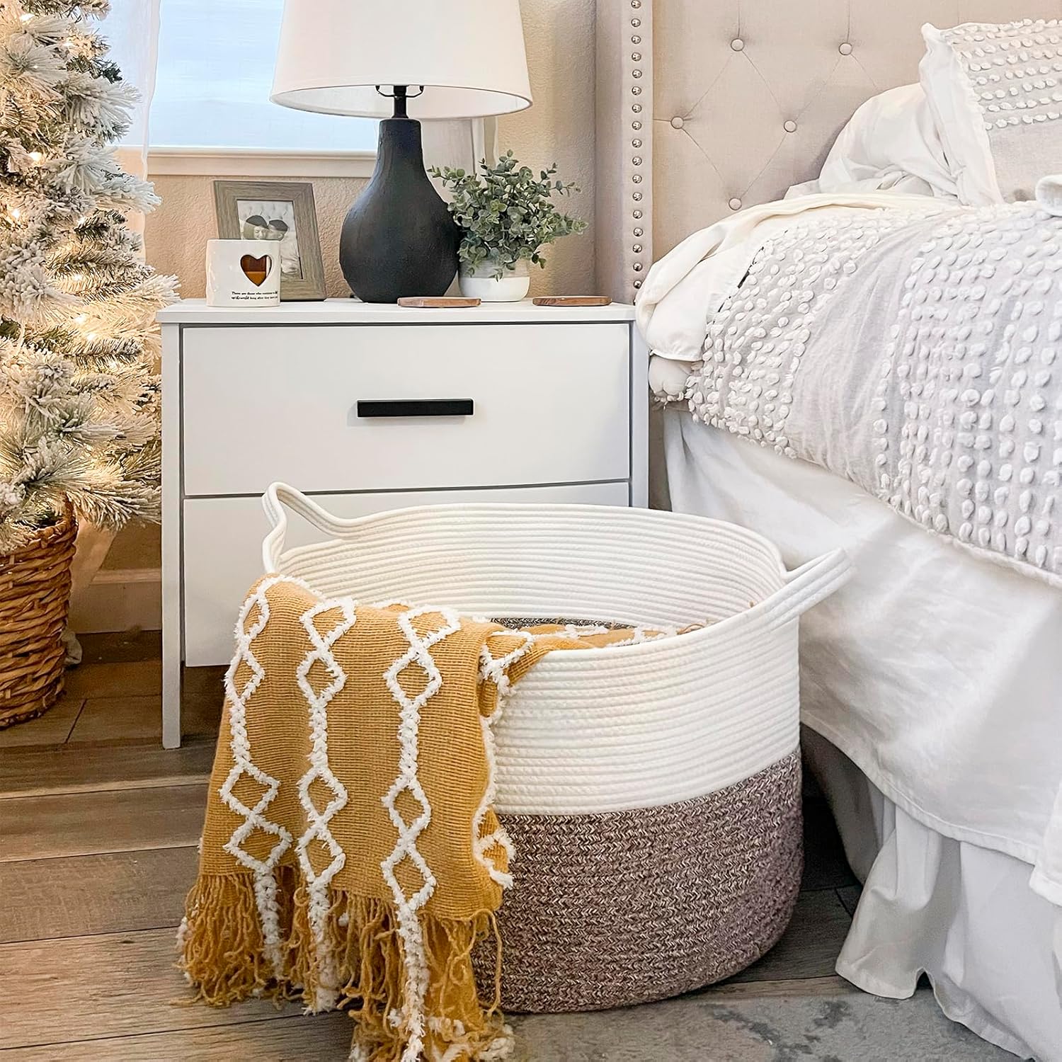 INDRESSME XXXLarge Cotton Rope Basket 21.7" x 21.7" x 13.8" Woven Baby Laundry Blanket Baskets Toy Burr Basket with Handle Storage Comforter Cushions for Christmas Thread Laundry Hamper