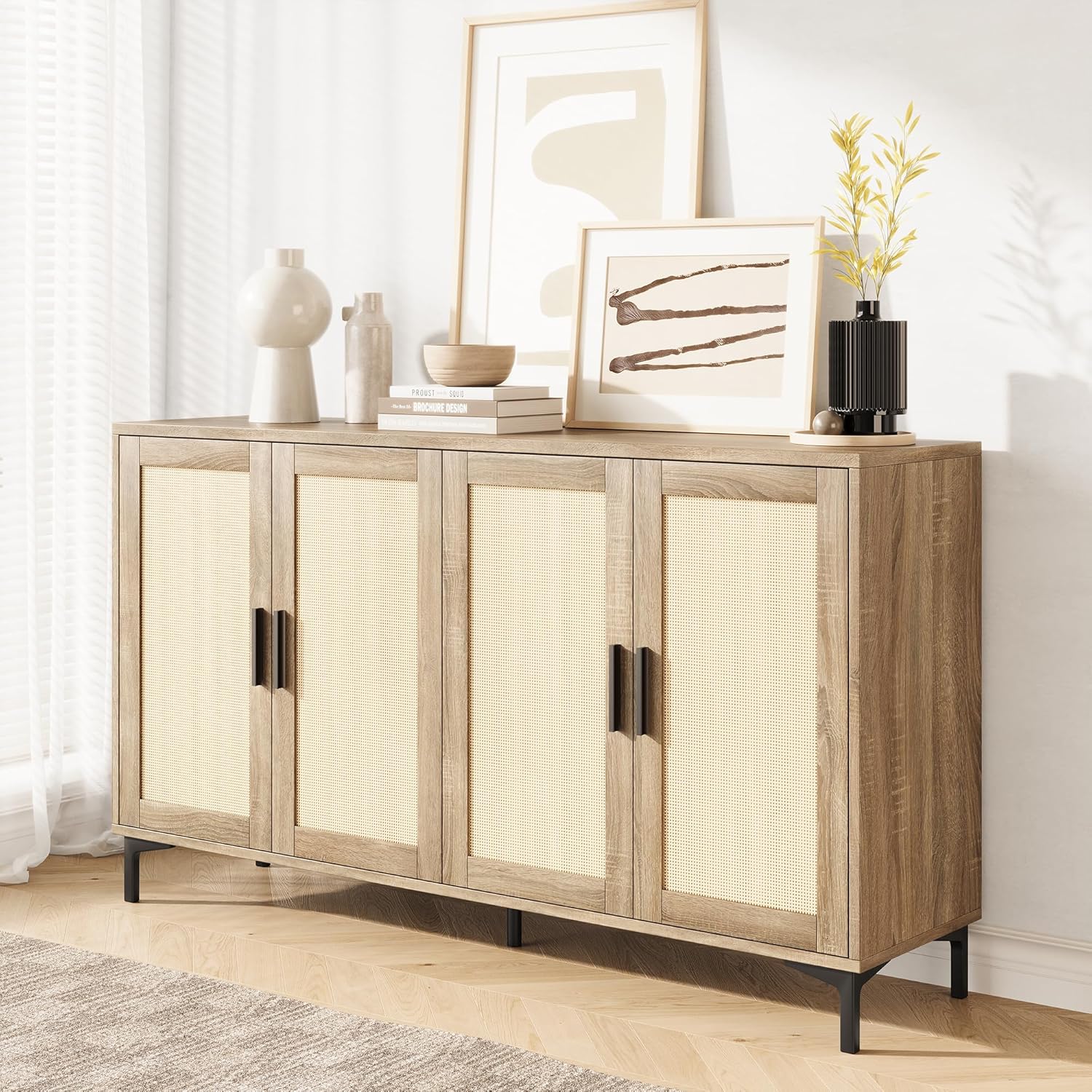 JASIWAY Sideboard - Kitchen Buffet Cabinet with Rattan Decorated Doors, Accent Cabinets with Doors, Coffee Bar Cabinets Rattan Sideboard Buffet Cabinet with Storage (Natural with 4 Doors)
