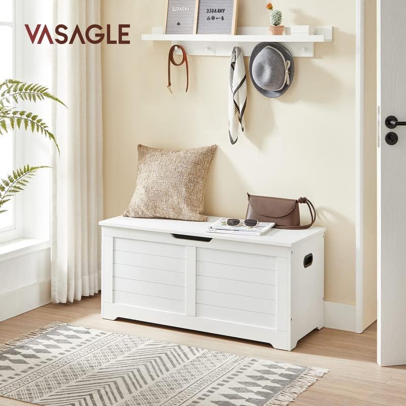 VASAGLE Storage Chest, Storage Bench with 2 Safety Hinges, Farmhouse Style, 15.7 x 39.4 x 18.1 Inches, for Entryway, Bedroom, Living Room, Cloud White ULSB061T10