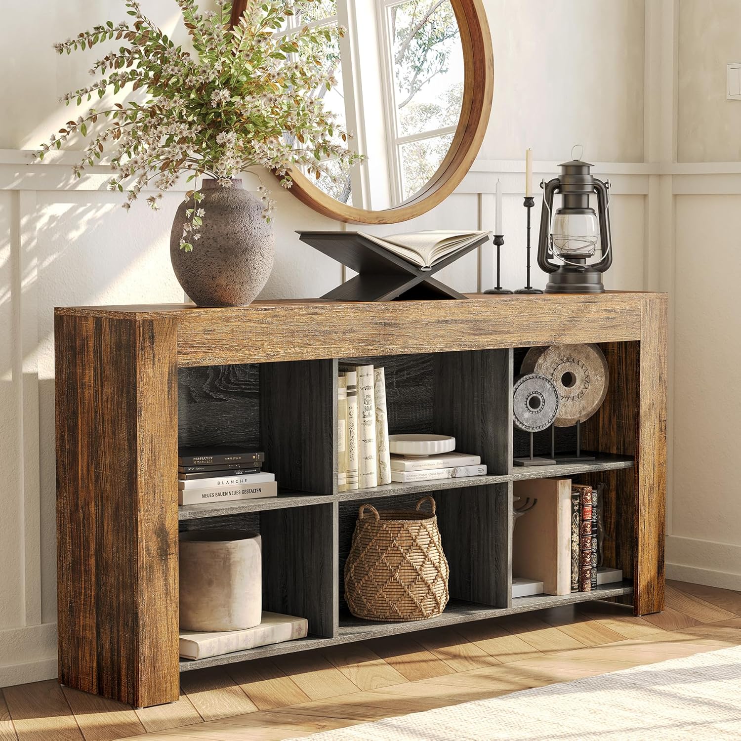 LITTLE TREE Console Table with Storage, 63-Inch Narrow Long Sofa Table, Entryway Table with 6 Cubes, Farmhouse Storage Shelves for Entryway, Living Room