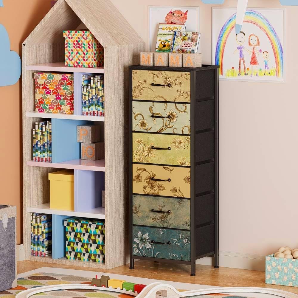 Furnulem Tall 6 Drawers Dresser, Vintage Storage Organizer Unit with Fabric Bins for Bedroom, Living Room, Closet, Nusery, Dorm, Entryway, Bedside Furniture, Sturdy Metal Frame, Wood Top
