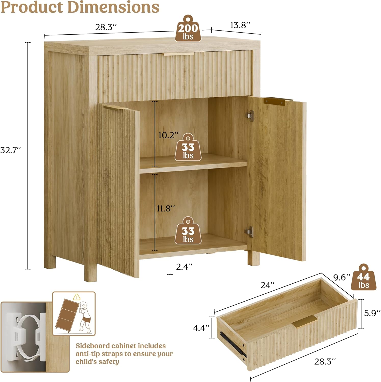 Lulive Fluted Buffet Cabinet with Storage Sideboard Cabinet Adjustable Shelves for Kitchen Living Room, Kitchen, Entryway