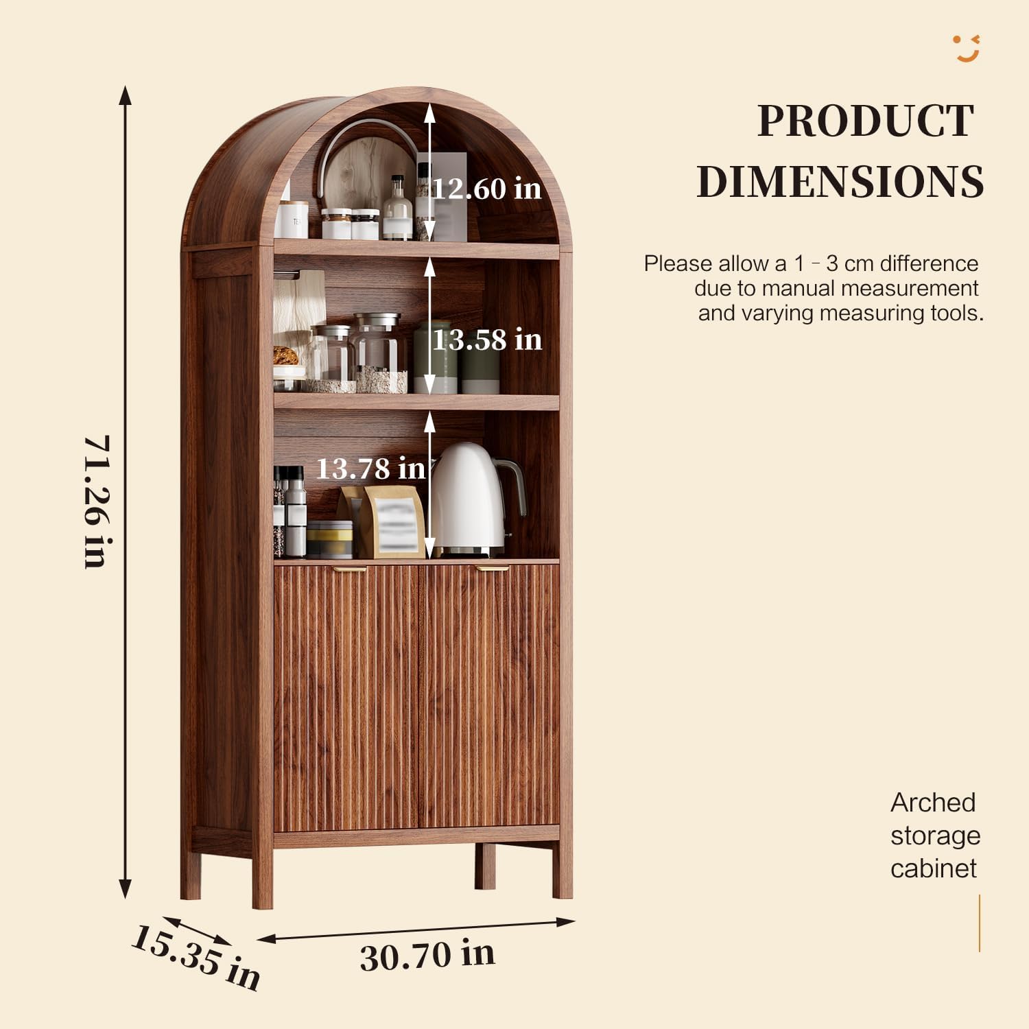 Ieejdn 71" Tall Arched Kitchen Pantry,Modern Fluted Wood Storage Cabinet with Doors,Adjustable Shelves,Organizer, Versatile Cupboard for Kitchen,Living Room,Dining Room,Bathroom,Walnut