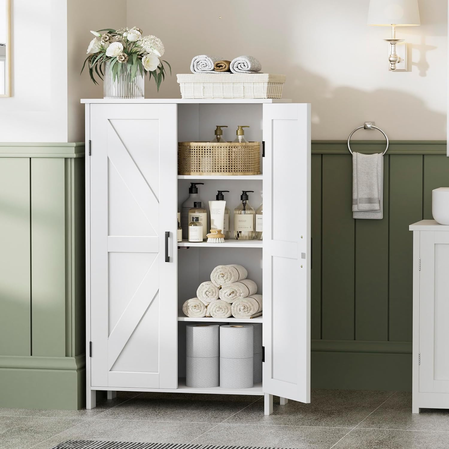 Homleke Farmhouse Bathroom Cabinet with Adjustable Shelves, Free-Standing Storage Cabinet with Barn Doors, for Kitchen, Living Room, Dining Room, Entryway, White
