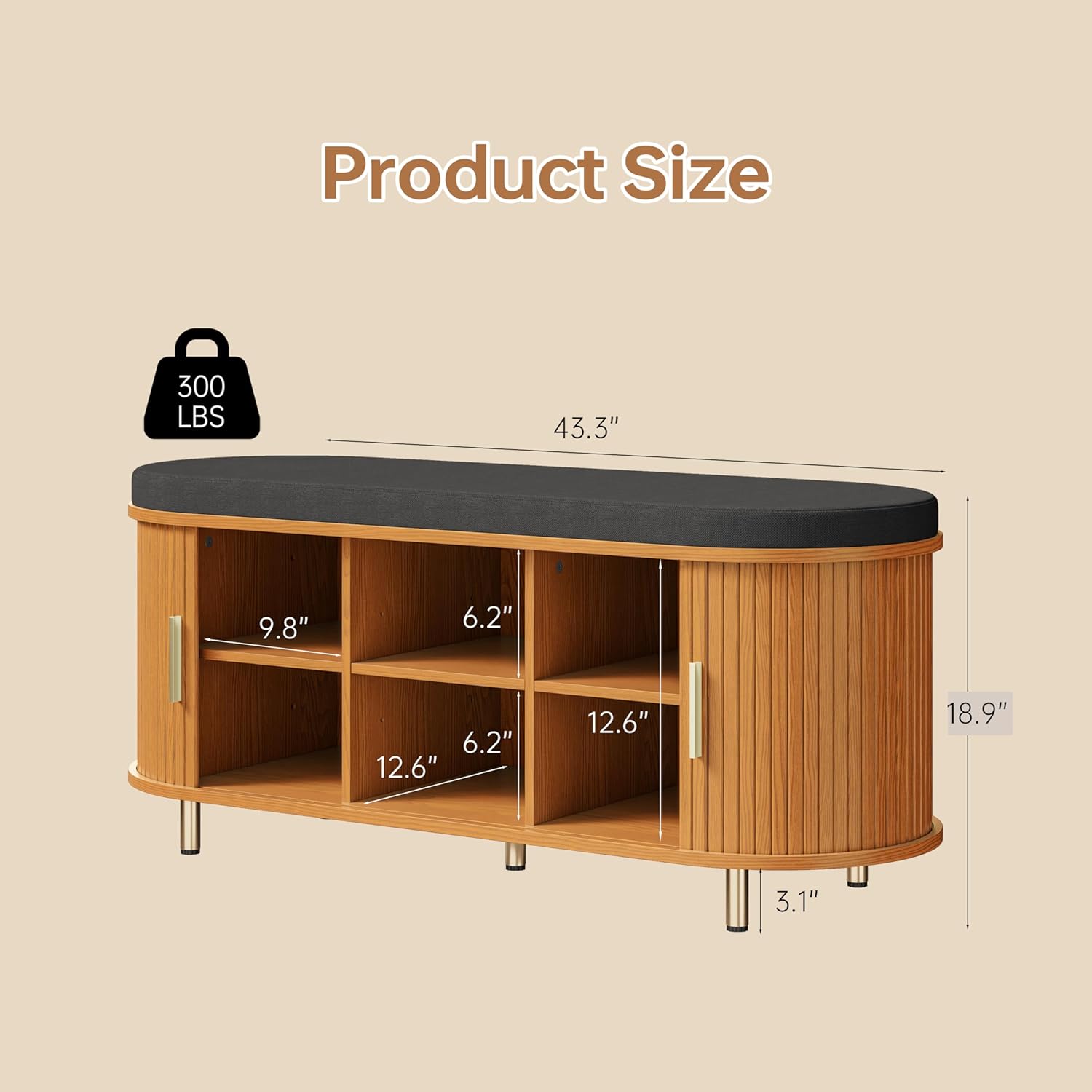 DHH 2-Tier Storage Bench, 43.3" Wide Shoe Bench with Thickened Padded Seat Cushion, Mid Century Modern Fluted Sliding Door and Adjustable Shelf, for Entryway, Living Room, Bedroom(Yellow Walnut)